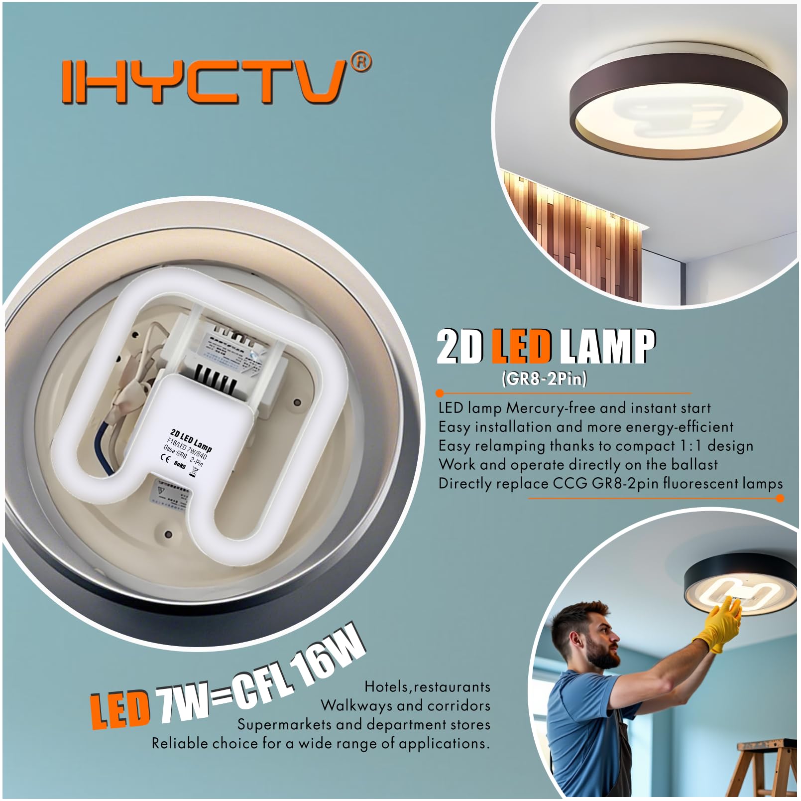 IHYCTV GR8 2 Pin Bulb, 7W LED 2D Retrofit for ECG CCG 16W Conventional DD Compact Fluorescent Lamps, 1000lm, 4000K - Image 3