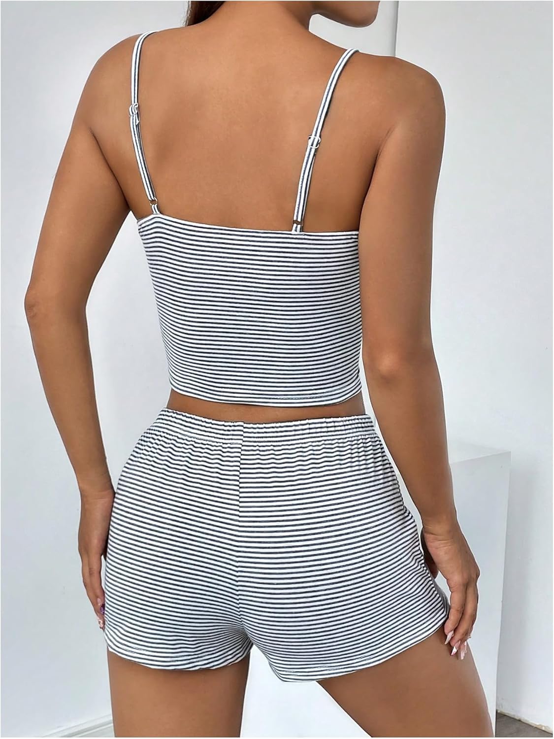 Milumia Women's 2 Piece Outfits Striped Lace Trim Crop Cami Top and Shorts Set - Image 2