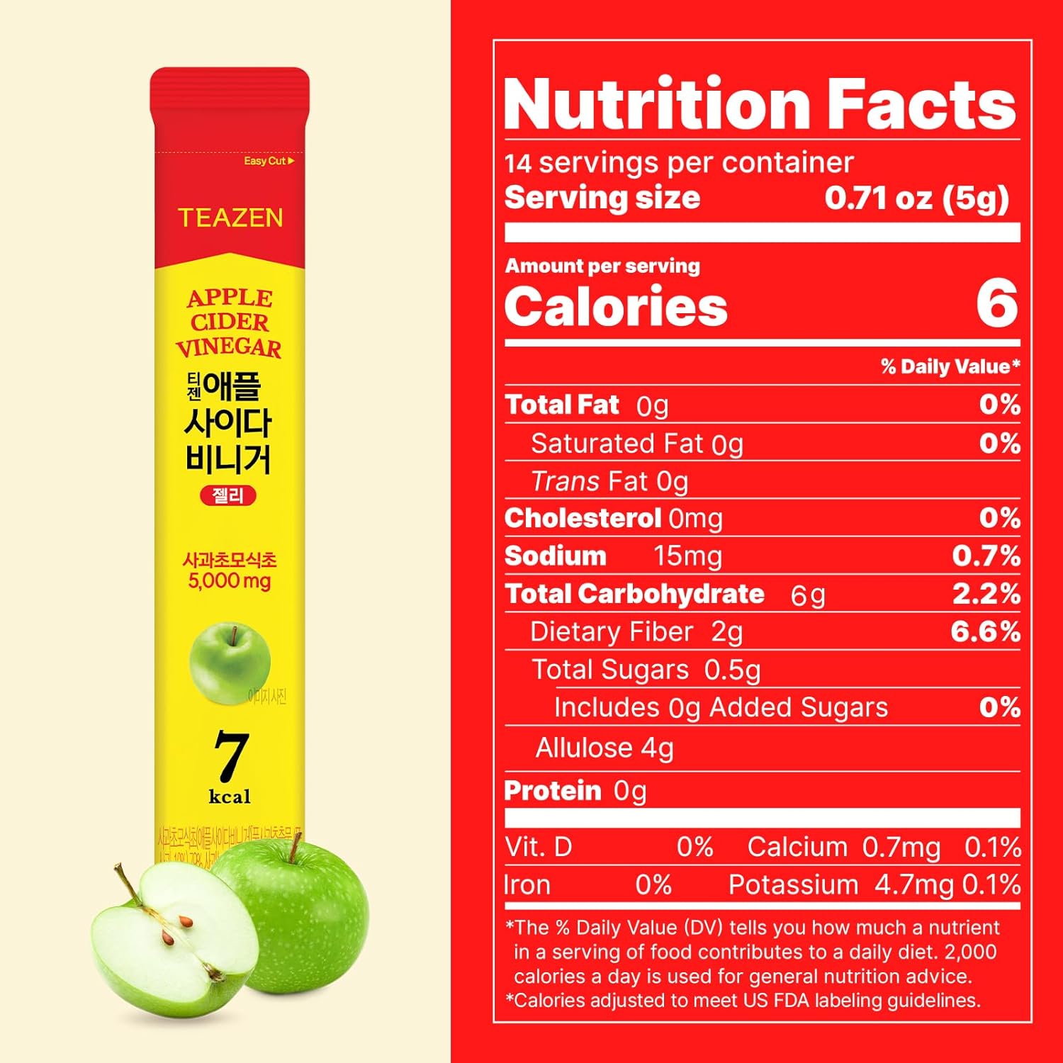 TEAZEN Apple Cider Vinegar Stick Jelly, 5,000mg ACV with the Mother, Soft Chews, Sugar-Free, Low Calorie, Postbiotics, Refreshing Drink After Meals, 14 Individual Packets