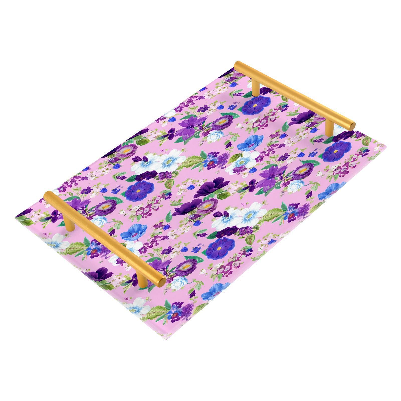 GUIJI Dark Flowers Acrylic Tray, Perfume Cosmetic Jewelry Decorative Trays Bathtub Organizer, Living Room Kitchen Serving Tray with Gold Handles
