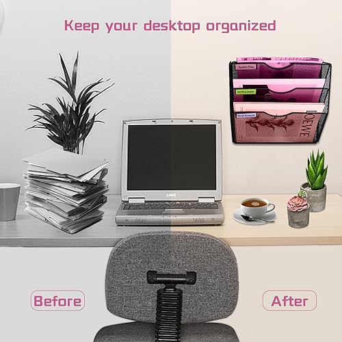 Miniatura 6 de Organizador de archivos de pared de malla con 3 bolsillos, organizador de archivos para colgar en la oficina, revistero, juego de ganchos para