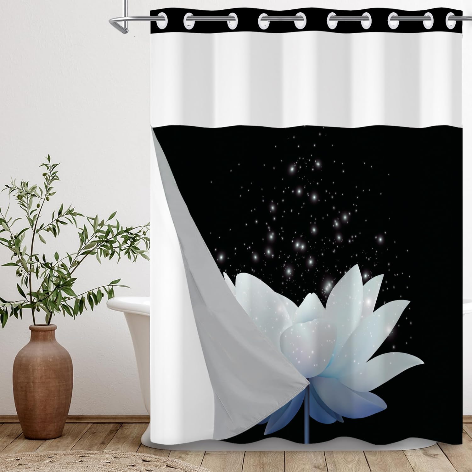Leowefowa Lotus No Hook Shower Curtain with Snap in Liner, Blue White Floral Modern Zen Double Layer Shower Curtain and Liner Set, Ringless with Window Waterproof Cloth Fabric, 71" W X 74" L