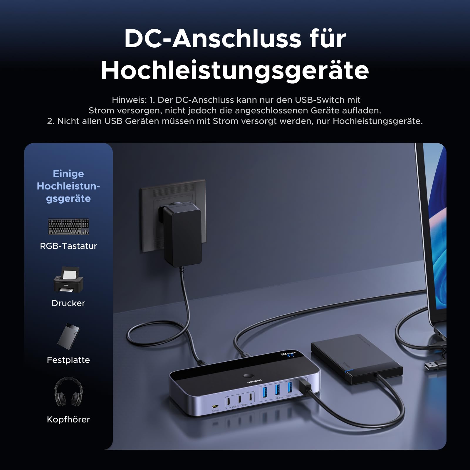 UGREEN 2 In 7 Out 10Gbps USB Switch 2 PC USB Umschalter mit 3C4A Ports, Netzteil, Fernbedienung und 2xC auf A/C Kabeln, KVM Switch kompatibel mit Mac mini M4/M4 Pro, MacBook Air M4, Windows usw.