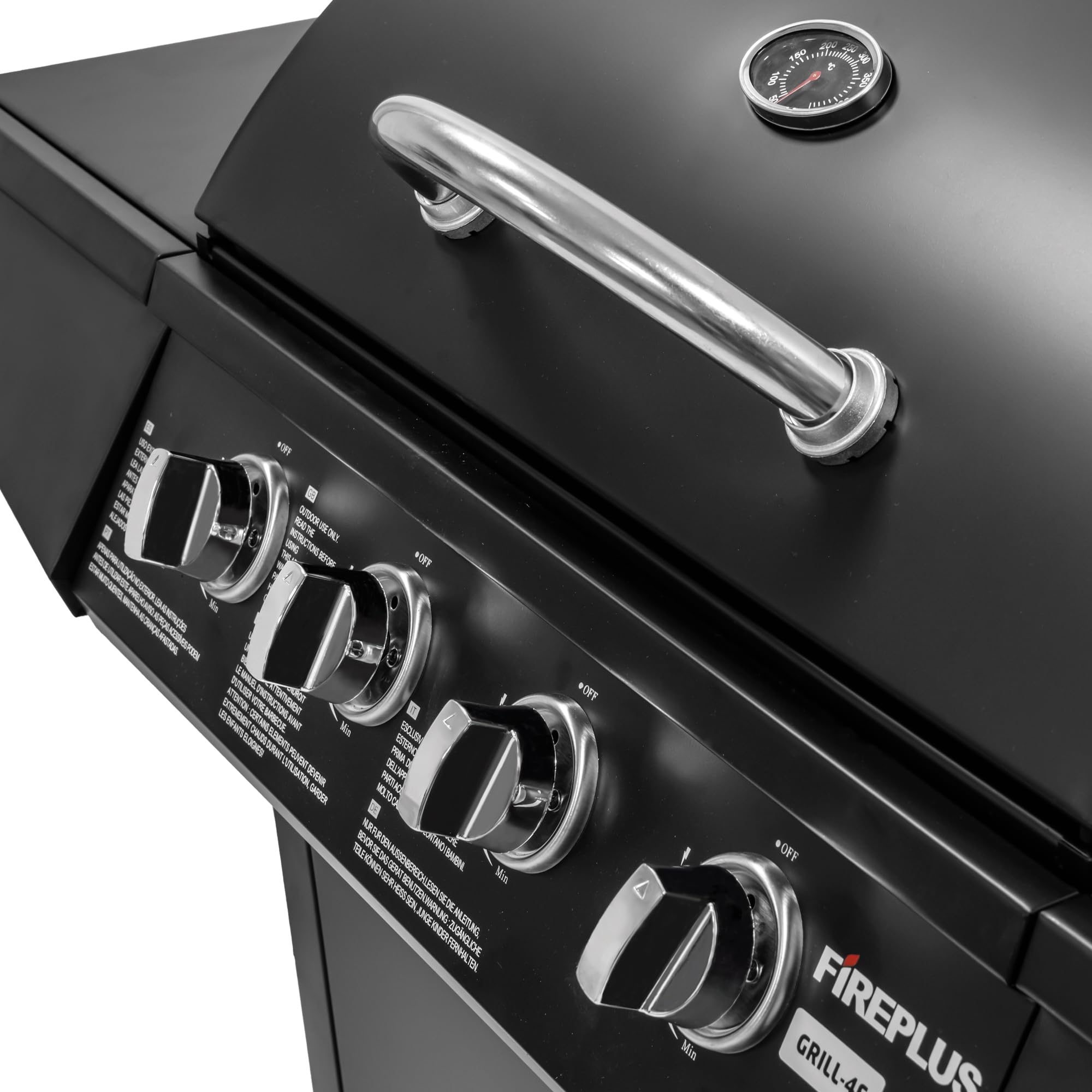 Amig - Barbacoa de gas Fireplus 4+1 de 9,3 kW - Acero inoxidable Negro - Parrilla con ruedas Modelo GRILL-4F - Barbacoa XXL con carro y termómetro - 126x52x103 cm - 5 quemadores y Bandeja lateral