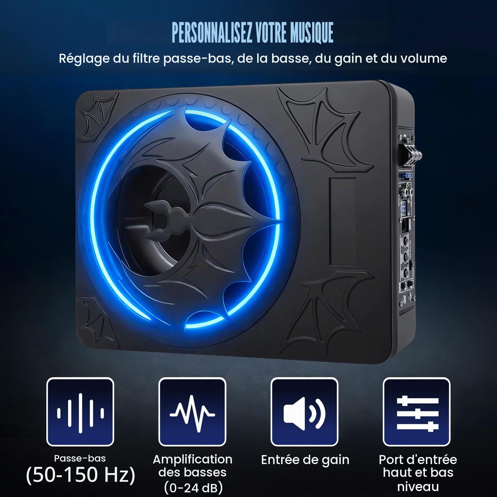 CAMECHO Caisson de Basses Graves 1200W 70mm Ultraplat sous-Siège pour Auto avec Alimentation: Subwoofer Actif avec Amplificateur Intégré, Entrée Haut/Bas Niveau et Commandes de Volume pour SUV