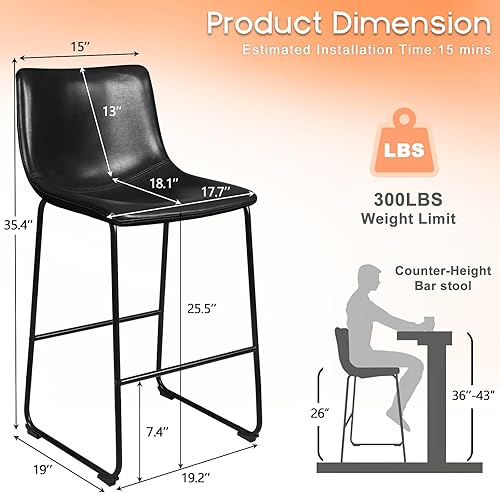 Miniatura 2 de PUKAMI Juego de 2 taburetes de bar de altura de mostrador, taburetes de bar con respaldo, taburetes de mostrador de piel sintética para isla de
