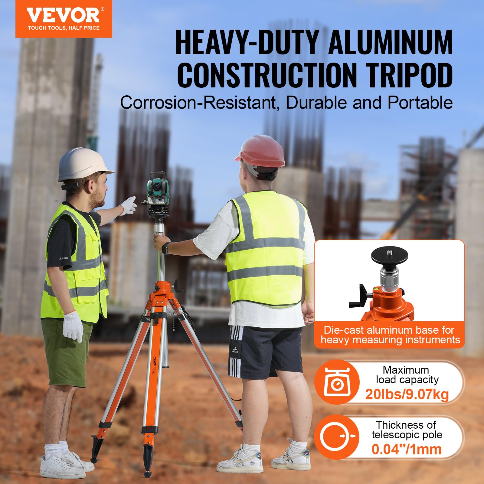 VEVOR Supporto per Treppiede con Livella Laser, Attacco Filettato, Regolazione Altezza 1145-2905 mm, con Bolla Livello Limitatore di Diffusione, Antiscivolo Sollevabili Capacità Massima 9,07 kg