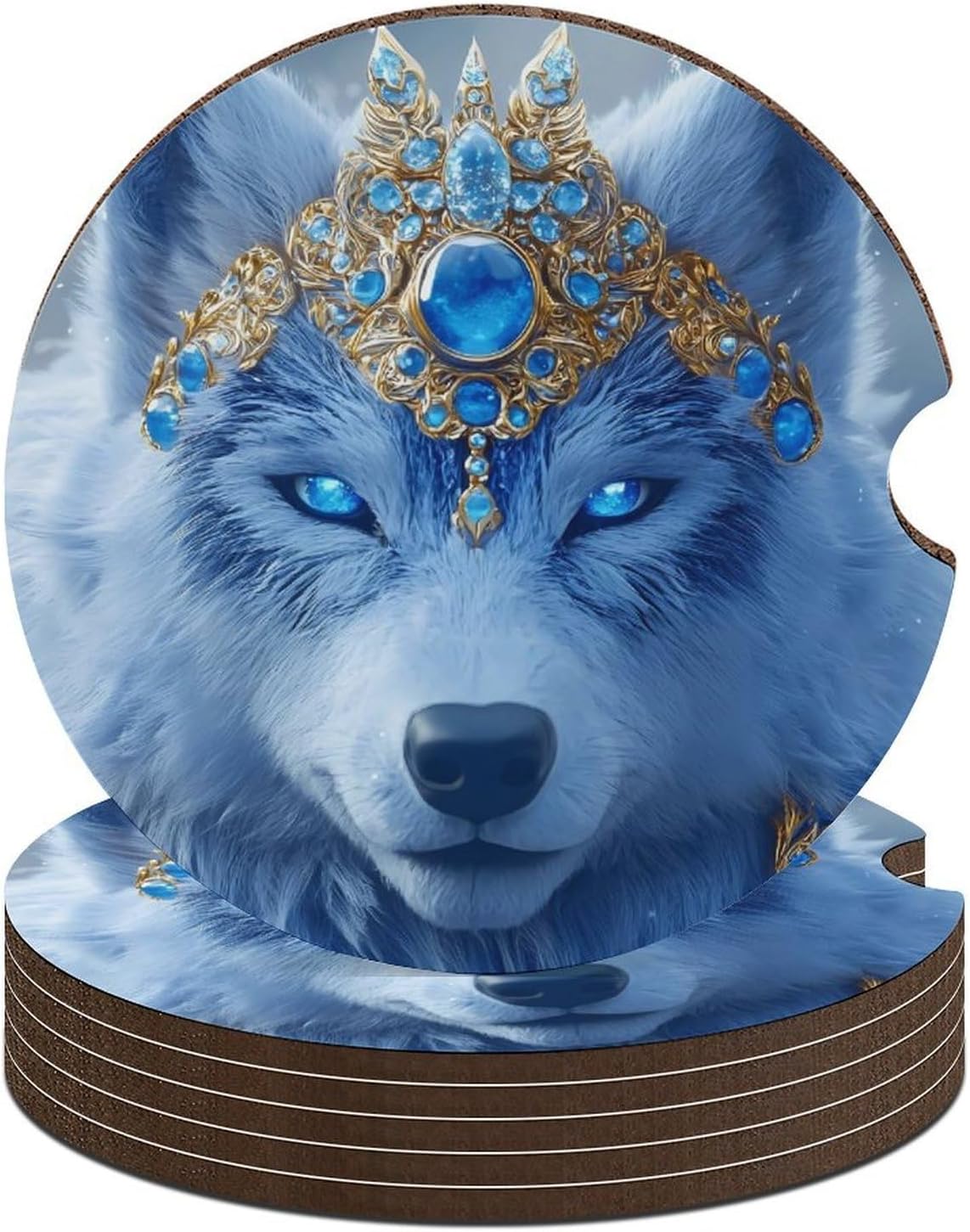 Wolf with Blue Eyes Cute Car Coasters 2.56 Inch Absorbent Cup Holder for Drinks Auto Interior Accessories