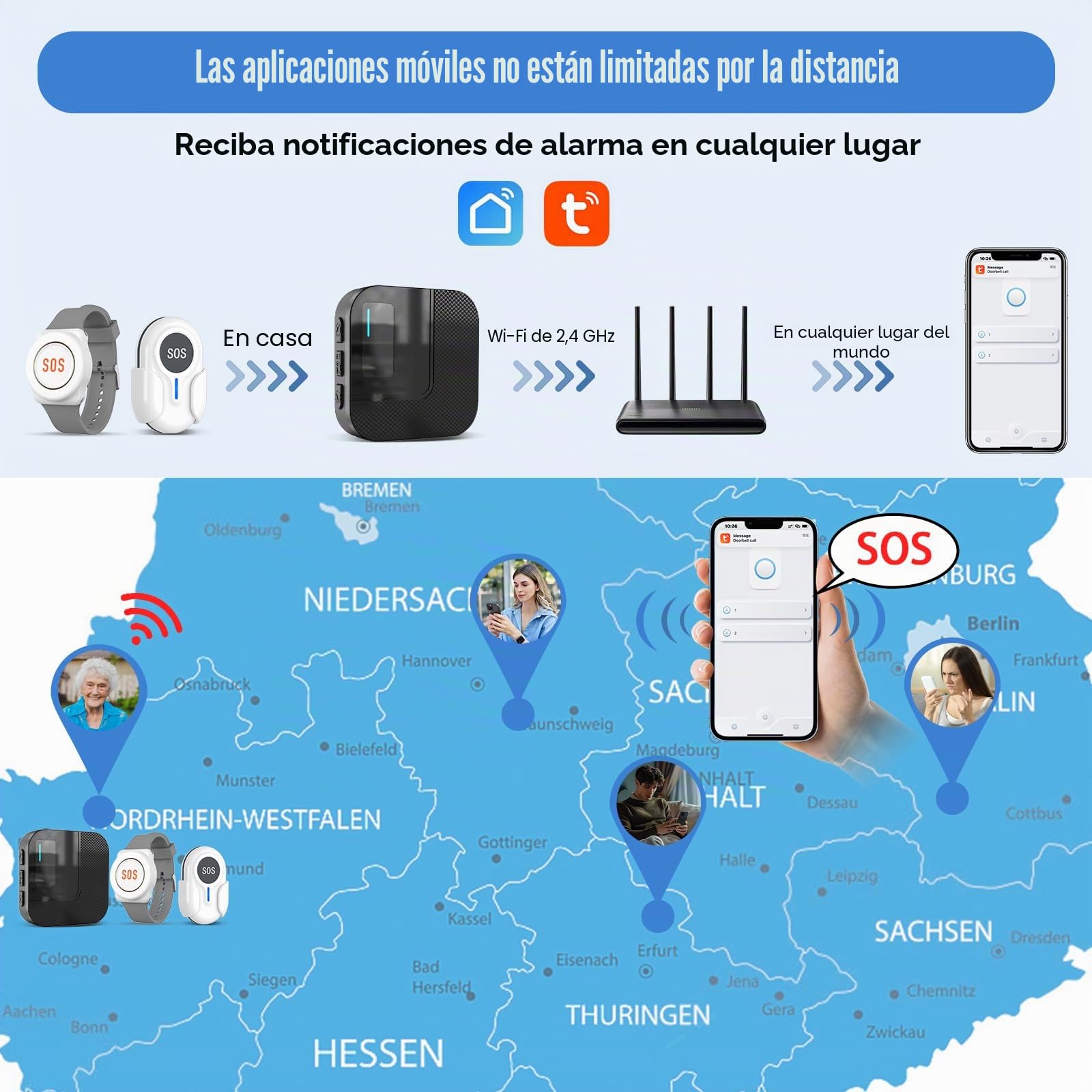 DAYTECH Botón de llamada de emergencia portátil WiFi Tuya Smart seniors, sistema de alerta para personas mayores y discapacitadas, SOS para niños
