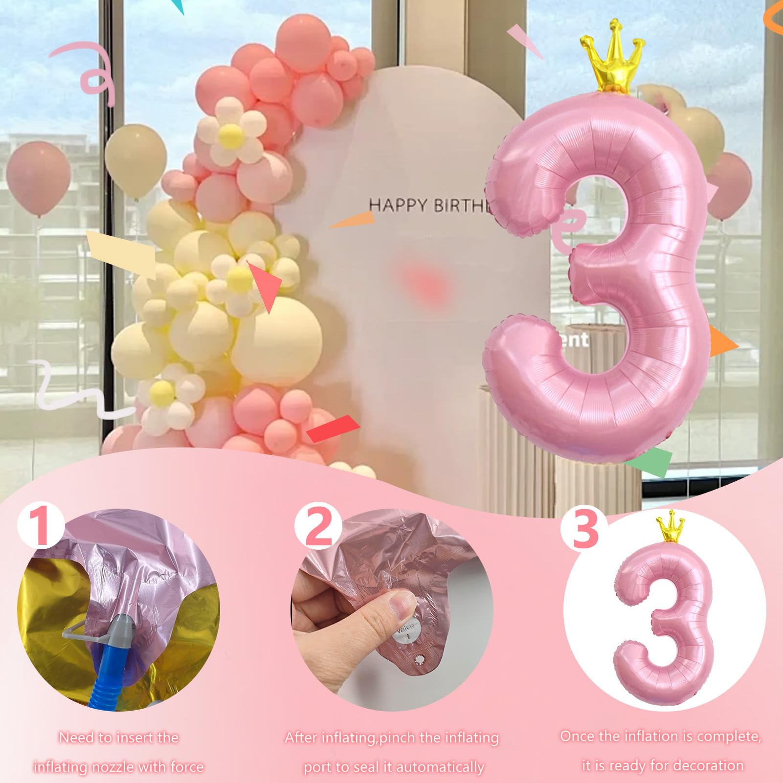 Verjaardagsdecoraties voor meisjes van 3 jaar, verjaardagskroon voor 3 jaar, roze ballon voor 3e verjaardag, kaars voor 3e verjaardag, decoraties voor meisjesverjaardagsfeestjes, jubileumdecoraties Verjaardagsdecoraties voor meisjes van 3 jaar, verjaardagskroon voor 3 jaar, roze ballon voor 3e verjaardag, kaars voor 3e verjaardag, decoraties voor meisjesverjaardagsfeestjes, jubileumdecoraties