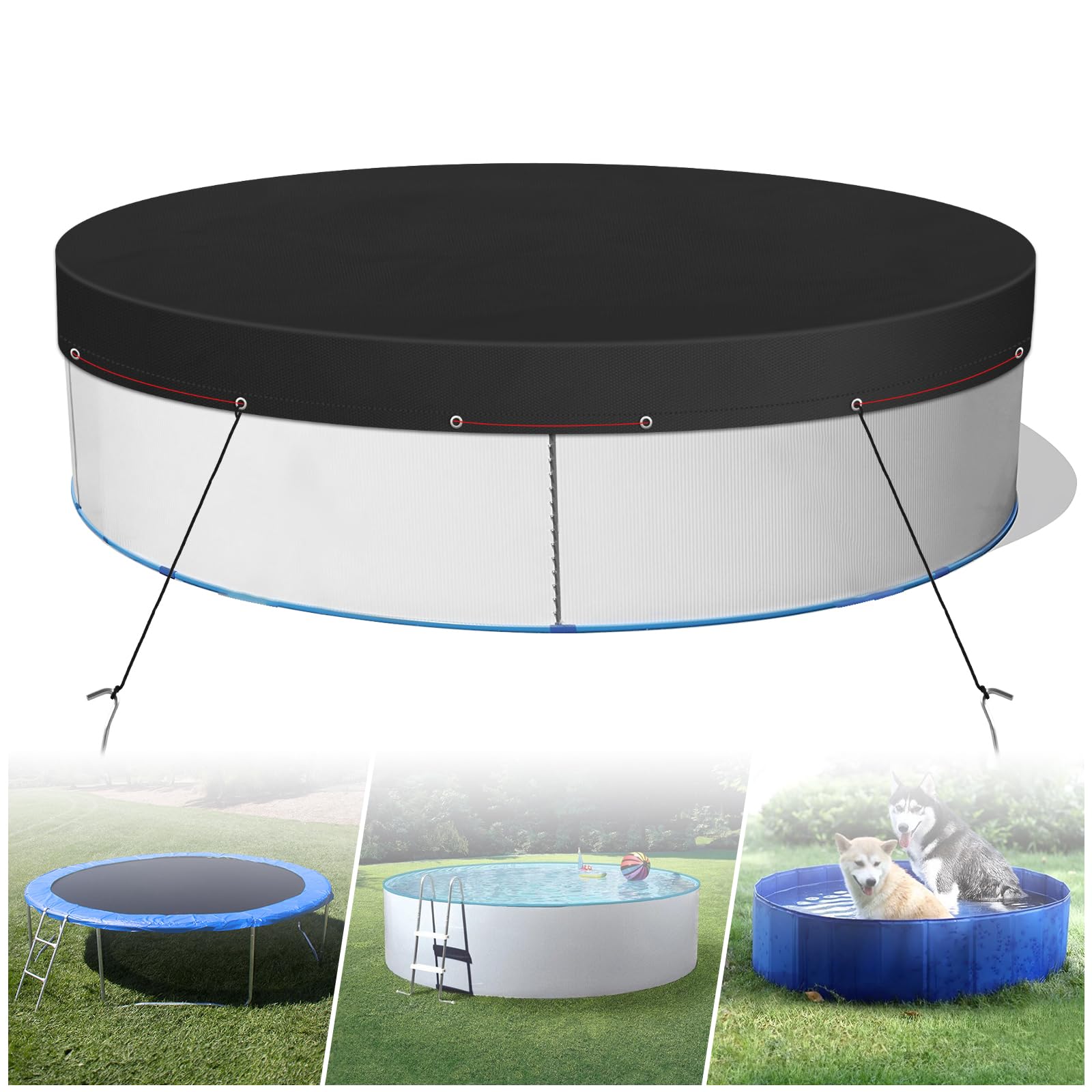 LQCOZYM Telo Copertura Piscina Rotondo per Piscine da 310 cm, Telo Impermeabile per Piscina Oxford, Telo Copri Piscina Estivo e Invernale con Tiranti e Picchetti, Facile da Installare, Nero (310 CM
