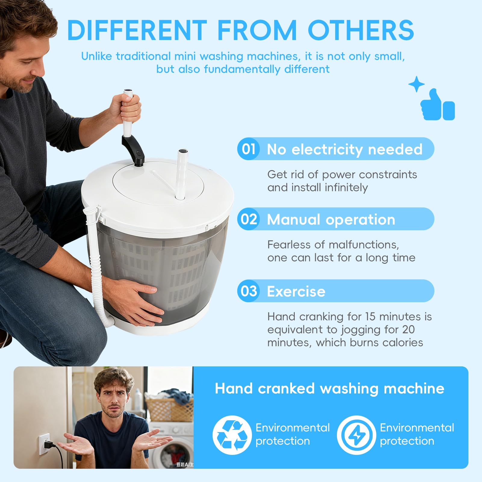 2-in-1 Manual Washing Machine, Hand Crank Washer with Spin Dryer & Suction Cup Base, Portable Mini Washer for Camping Dorm Travel, No Electricity Laundry Machine 2kg Capacity (Light Grey) — view 4