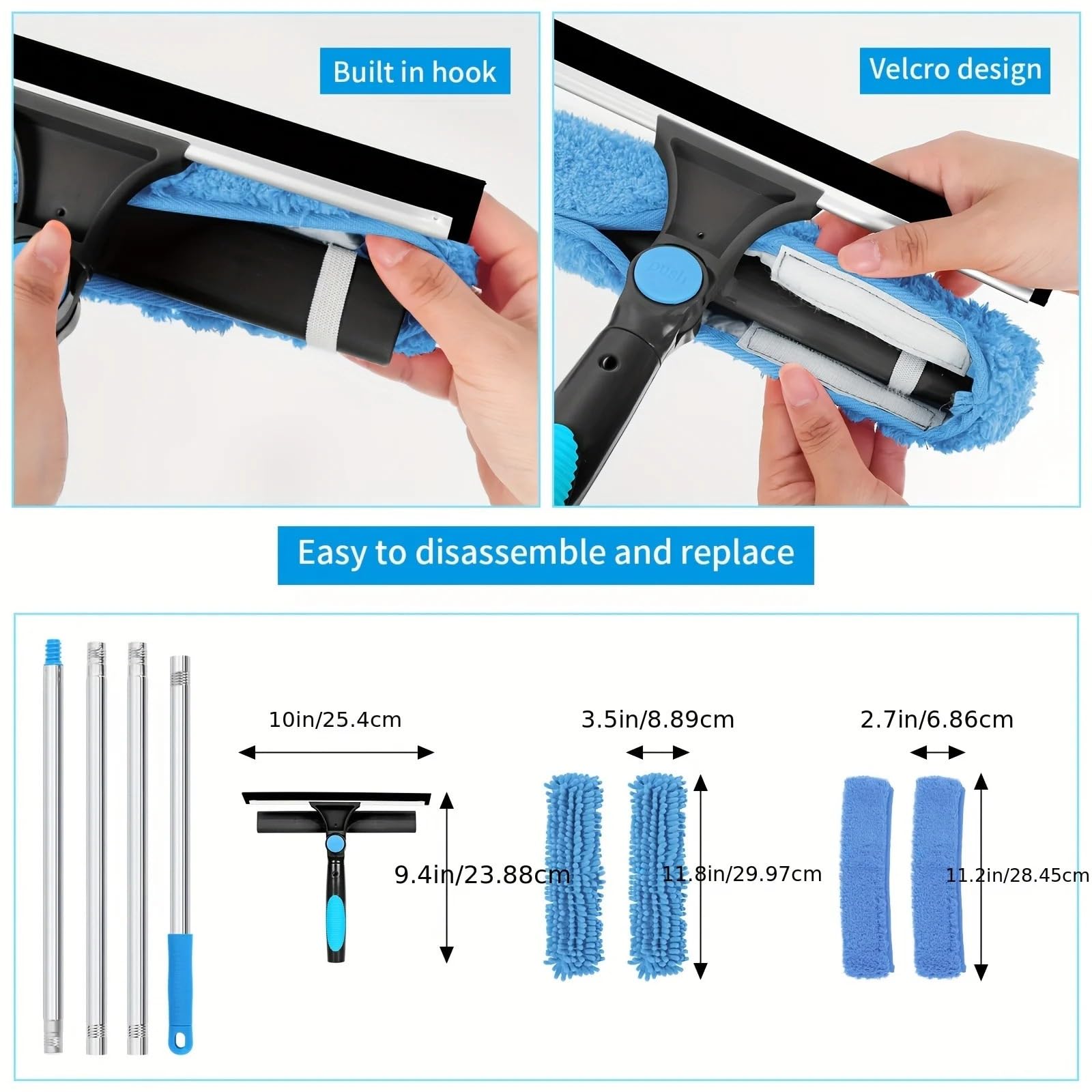 Glasreinigungsbürste Mit Ausziehbarem Griff, Multifunktionaler Fensterreiniger Mit Wiederverwendbarem Tuchabzieher, Praktische Haushaltsreinigung(Blue)