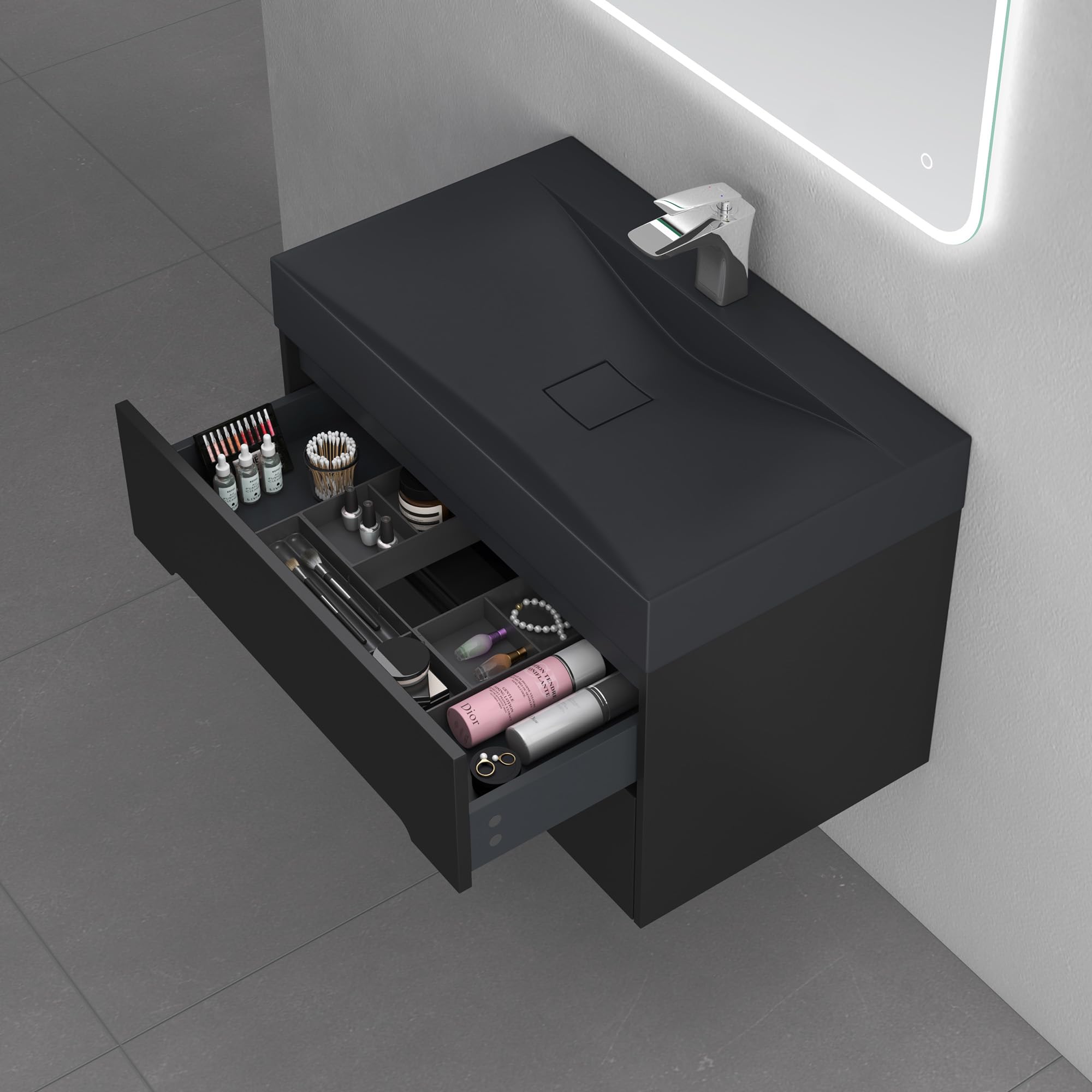 doporro Mobile Bagno Sospeso 80 cm con Lavabo in Marmoresina e Specchio LED – Finitura Nero Opaco, Cassetti a Chiusura Rallentata, Serie Yoga