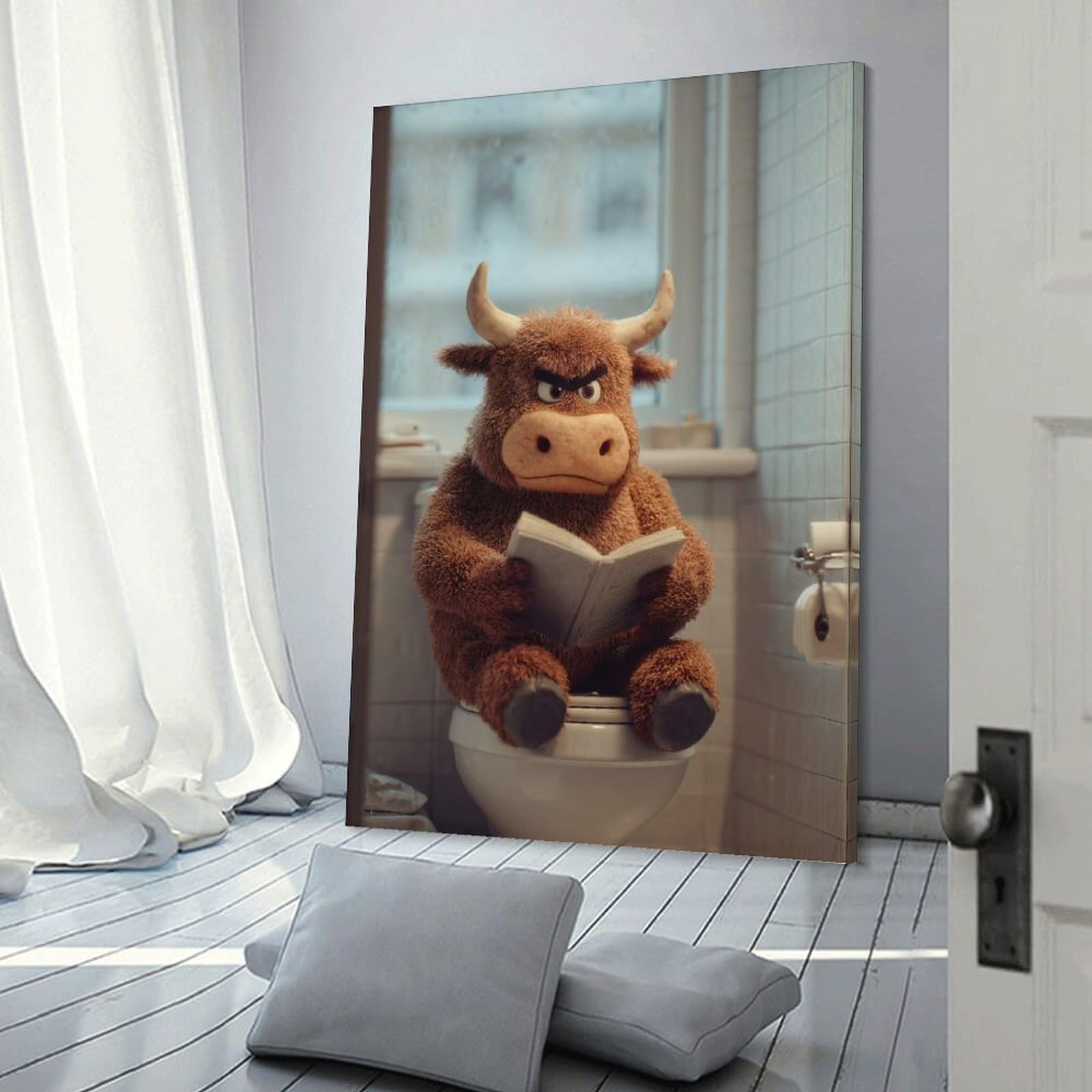 Junmoney Angry Bull Reading in Bathroom Hanging Wall Art 24x36inch(60x90cm), for Study, Office Or Focused Interiors, Wall Art That Adds Style to Work Areas