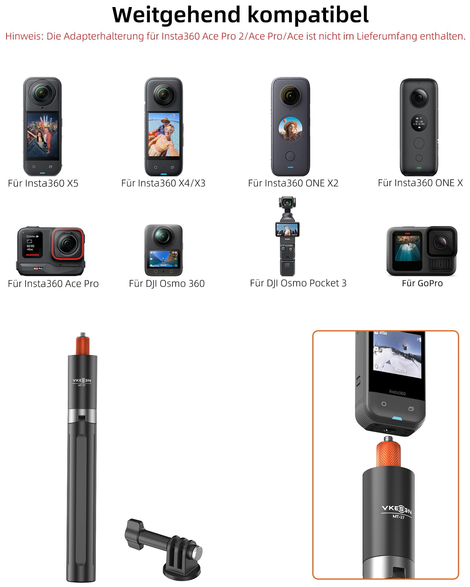 Unsichtbarer Selfie-Stick Stativ für Insta360 X5/X4/GO3S, DJI Osmo 360 usw. | für Actionkamera, 28,7~147,5cm Längenverstellbar, Multifunktional, Leicht, für Vlogs, Reise, Wandern, Skifahren, Gruppenfotos