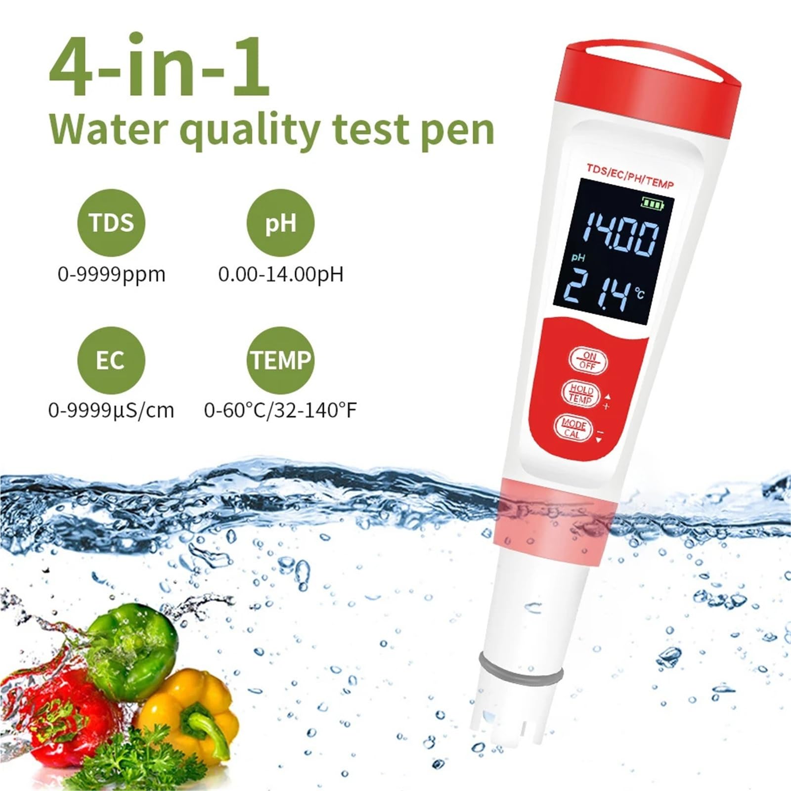Testeur d'eau numérique, Testeur de pH numérique 4 en 1, température, TDS, EC, pH, étanche, for la qualité de l'eau, la pureté de l'eau, for piscines, aquaculture