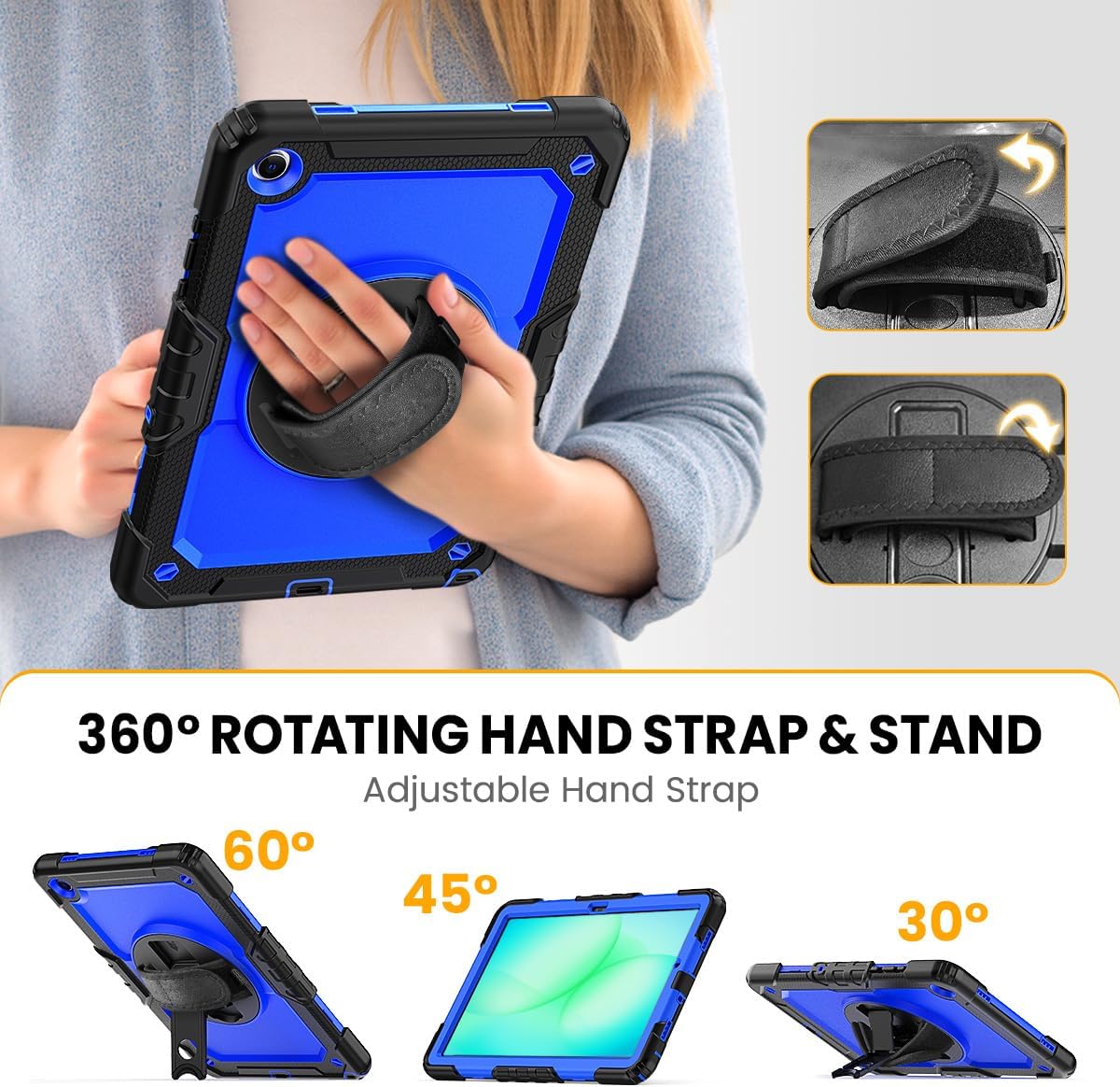 Case for Samsung Galaxy Tab A11 Plus 2026 / A9 Plus 11 Inch 2023, Galaxy Tab A11+ / A9+ Case with Screen Protector, Full-Body Drop Protection, 360° Rotating Stand & Hand/Shoulder Strap - Black Blue