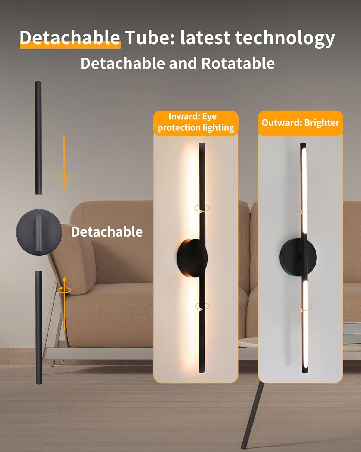 Wireless Wall Sconces Set of 2 Linear，20Inch Battery Operated Wall Lights with Remote Control，360°Rotate Dimmable Wall Lamps for Living Room, Bedroom and Hallway (Black)