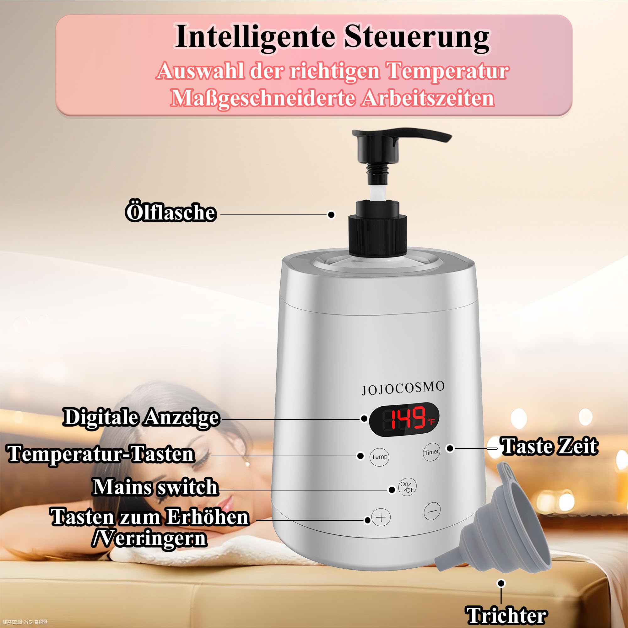 Massageöl-Wärmer, Massageöl-Heizung mit zwei Ölflaschen-Spendern, 0-65°C, Lotion-Flaschen-Wärmer, galvanisiertes Silber