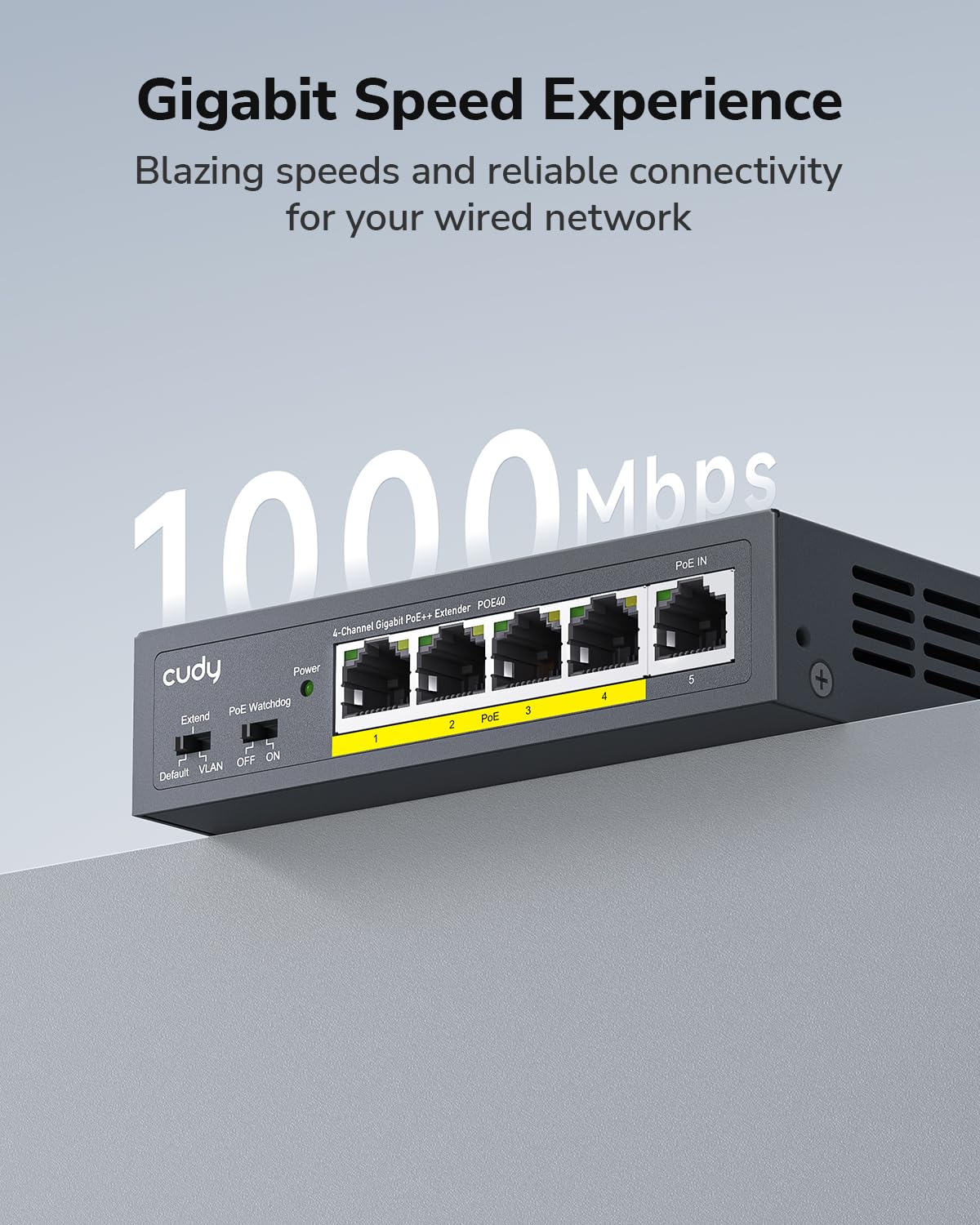 Cudy 4-kanałowy przedłużacz Gigabit PoE, 1000 Mbit/s, 1 wejście PoE, 4 wyjście PoE, wzmacniacz PoE, wzmacniacz PoE+, wzmacniacz PoE++, montaż ścienny, IEEE 802.3bt / 802.3at / 802.3af