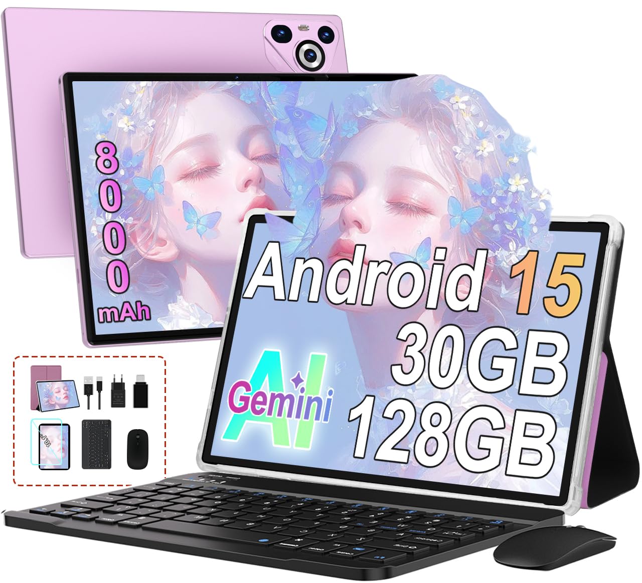 Dghrti Tablet Android 15 10" Schermo IPS HD | 30GB RAM 128GB + Estensione 1TB | Octo-Core 8000mAh | Wi-FI 6 | Widevine L1 | 8MP+5MP | Telaio in Metallo | con Tastiera e Mouse | Viola