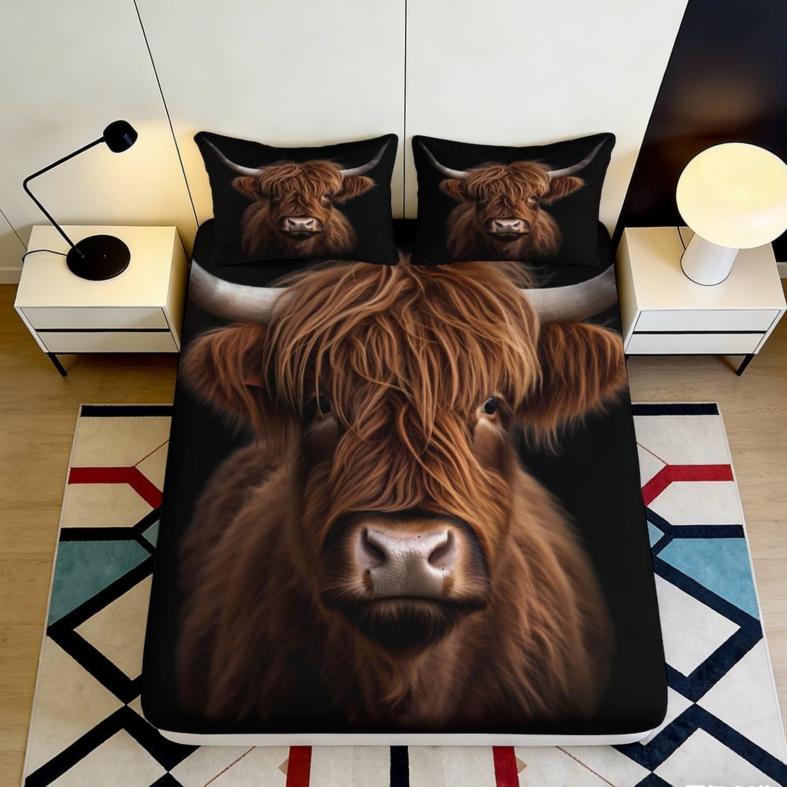 3D Printed Highland Cow Fitted Sheet Microfiber Animal Art Mattress Cover for Bedroom Dorm Mattress Protection Decor 120x200x25cm