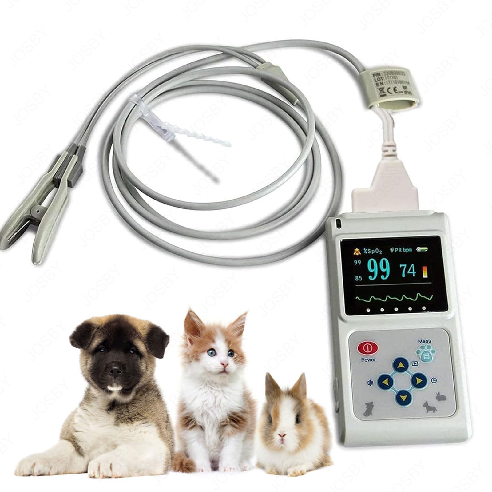 JOSBY Ossimetro Veterinario Portatile, 30 BPM~250 BPM Monitor della frequenza cardiaca degli Animali, con sonda e Cavo USB, sensore SPO2 Orecchio/Lingua, per Famiglia, Ospedale per Animali Domestici