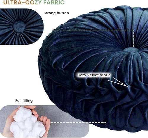 Miniatura 5 de Sioloc Almohada redonda de terciopelo para decoración del hogar, cojín plisado para sofá, silla, cama y automóvil (azul marino, 15.7 pulgadas)