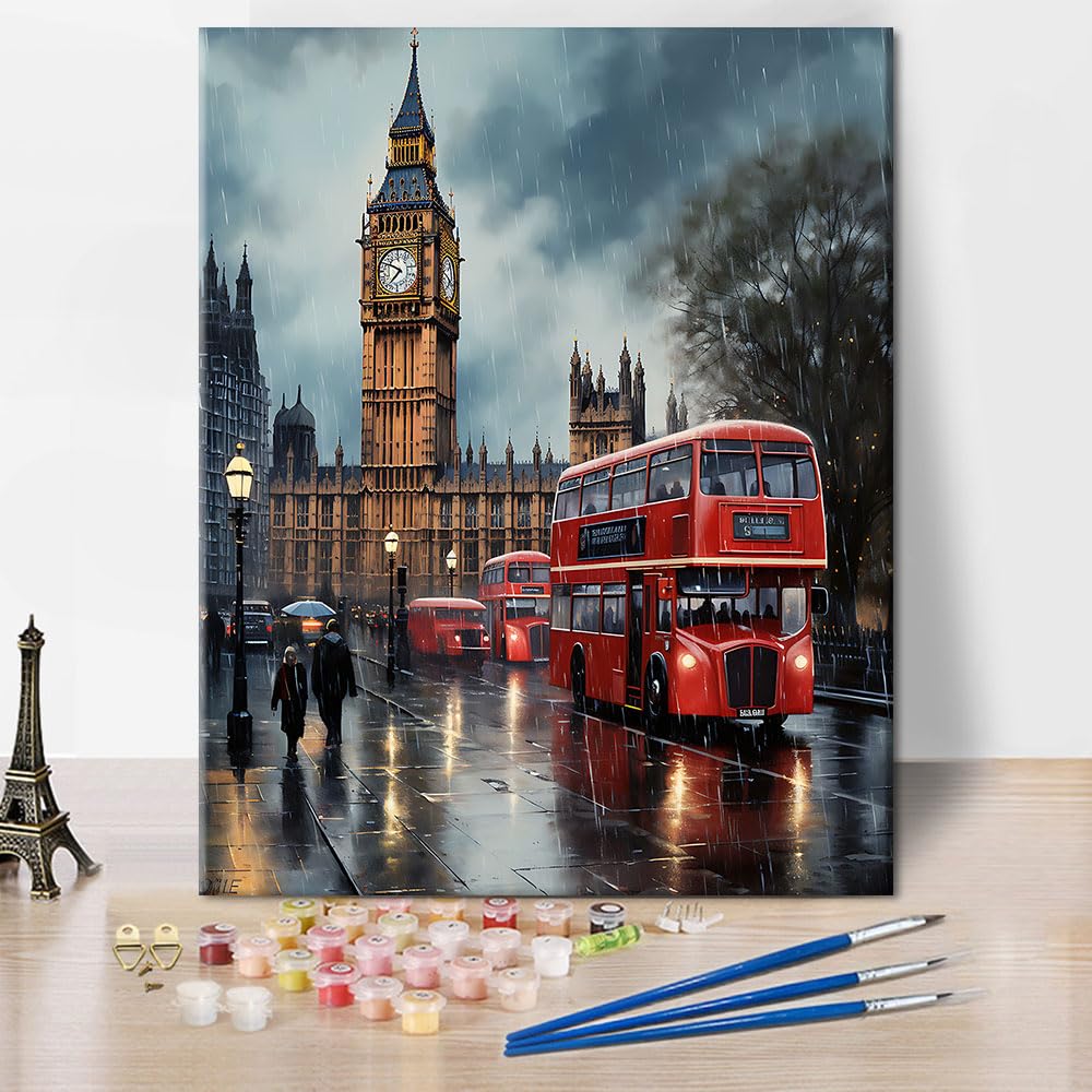 TISHIRON Color by Number for Adults Beginner - London Rain Scene with Big Ben and Red Double Decker Bus, Cityscape Painting by Numbers Kit for Adults, Relaxing Arts and Crafts, 16x20 Inch