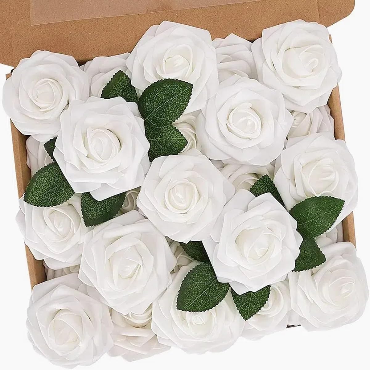 N&T Nieting White Artificial Flowers, 25Pcs Fake Flowers Real Touch Rose
