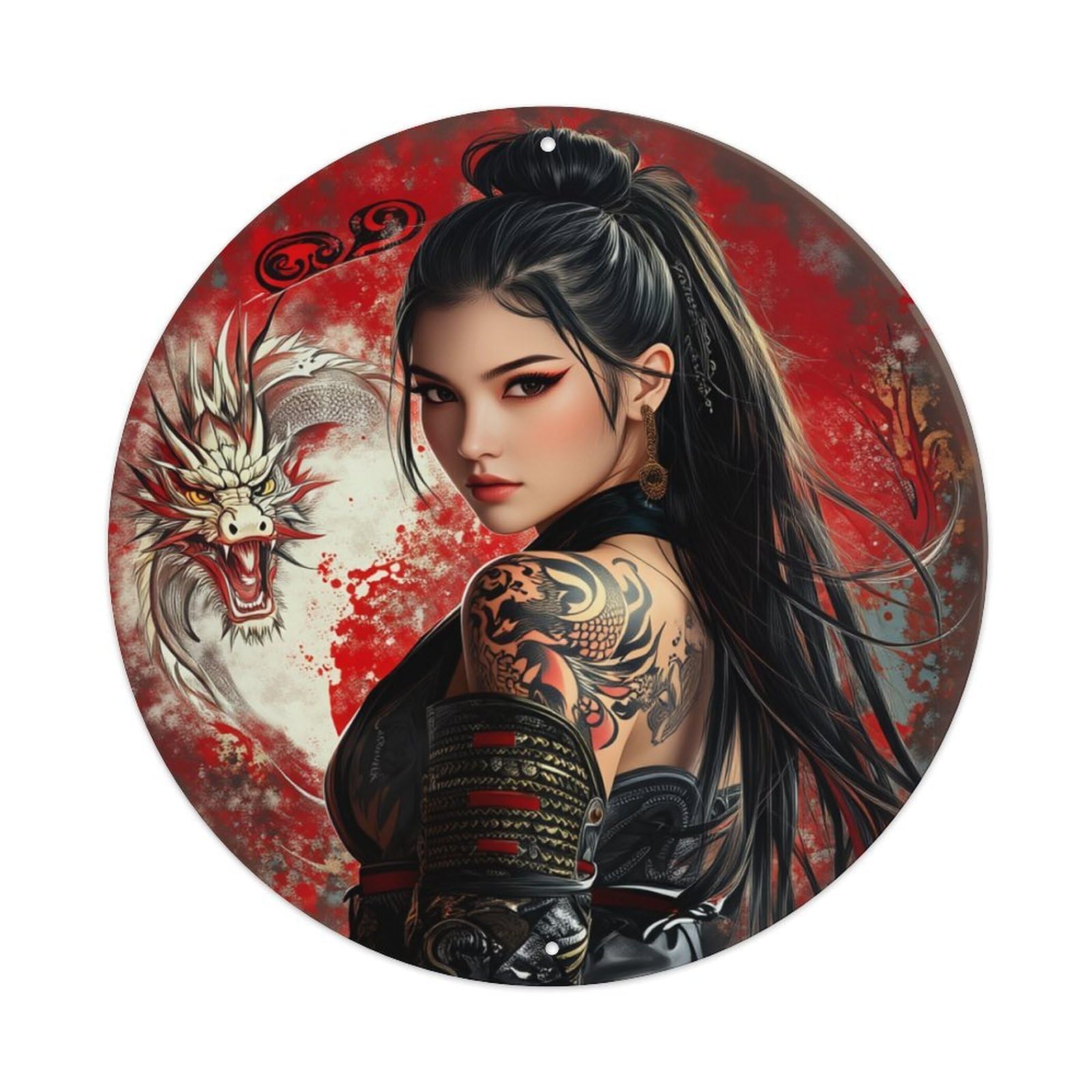Dragon Tattoo Warrior Red Background Round Tin Sign Retro Metal Sign for Cafe Bar Pub Home Game Room Gym Club Wall Decoration Vintage Metal Poster 8x8 Inch
