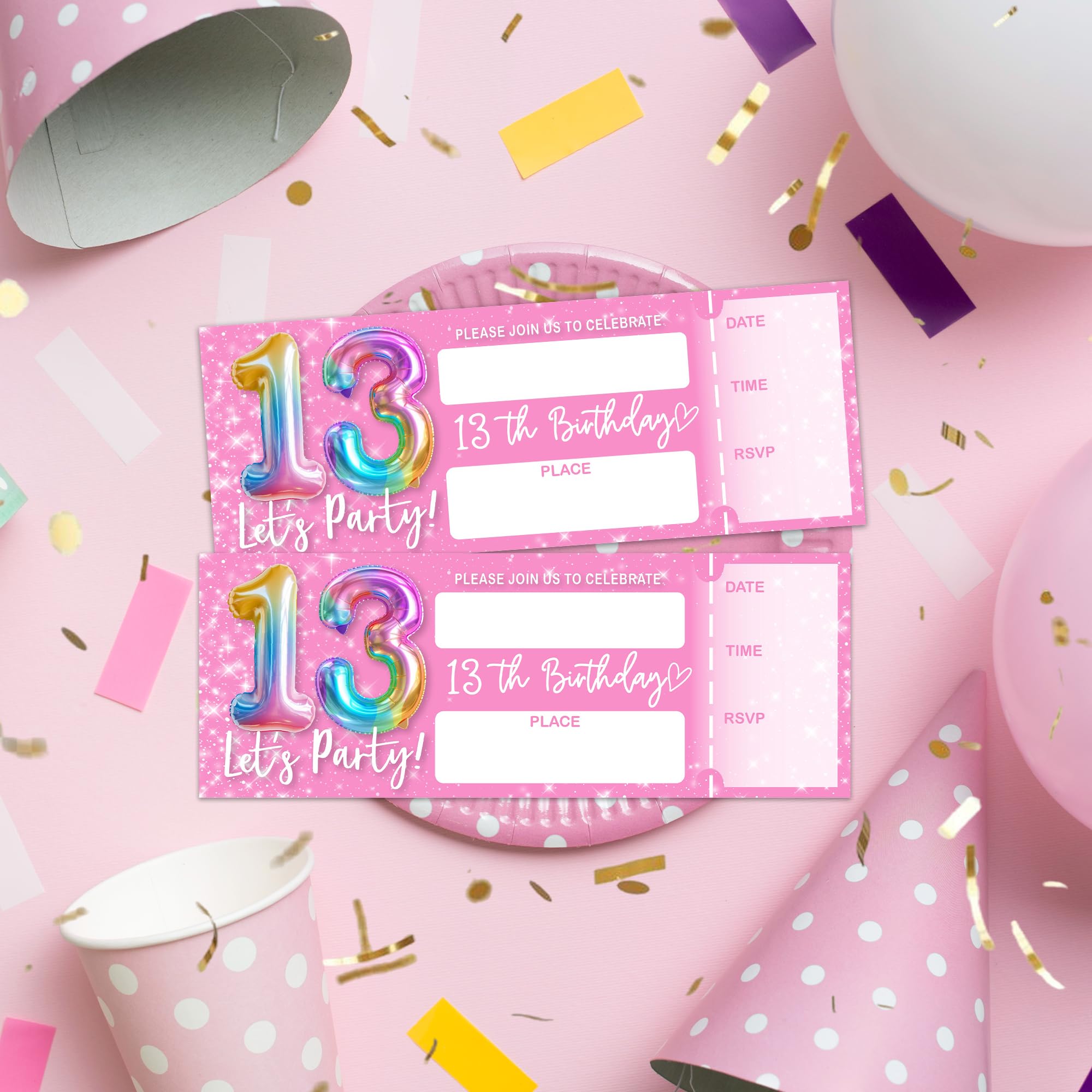 Eronm Invitaciones rosas de cumpleaños número 13, invitaciones de cumpleaños de boletos de 3 x 8 pulgadas, 20 tarjetas de invitación de doble cara con sobres, recuerdos de fiesta y suministros, globo