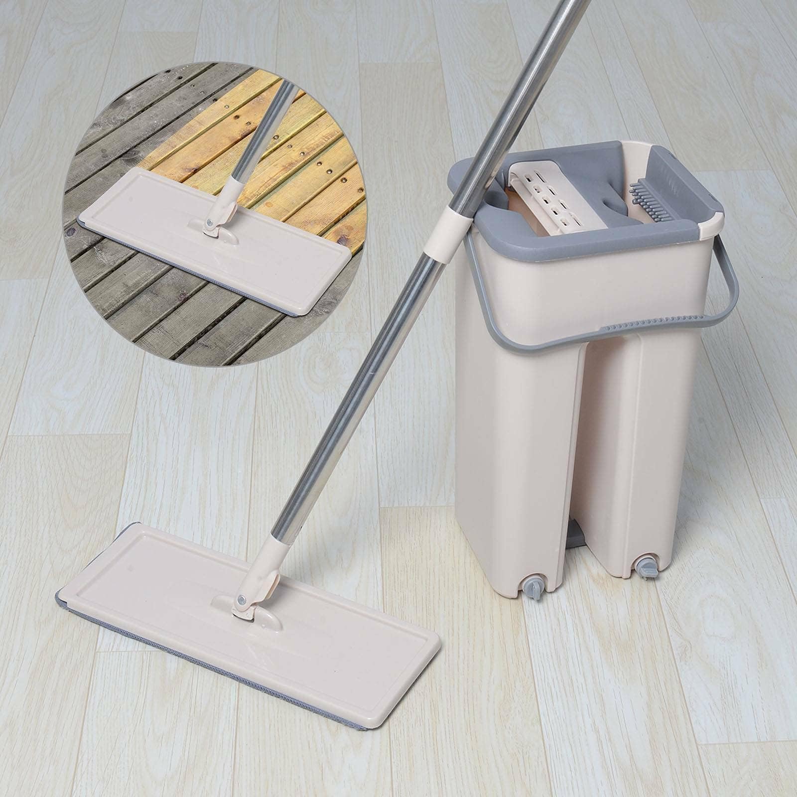 Wischmopp Set mit Eimer – Flacher Bodenwischer mit Auswringfunktion, 2-Kammer Putzeimer System, Edelstahl Teleskopstiel, inkl. 3/4/7/10 Waschbare (4-PC Flat Mop Set)