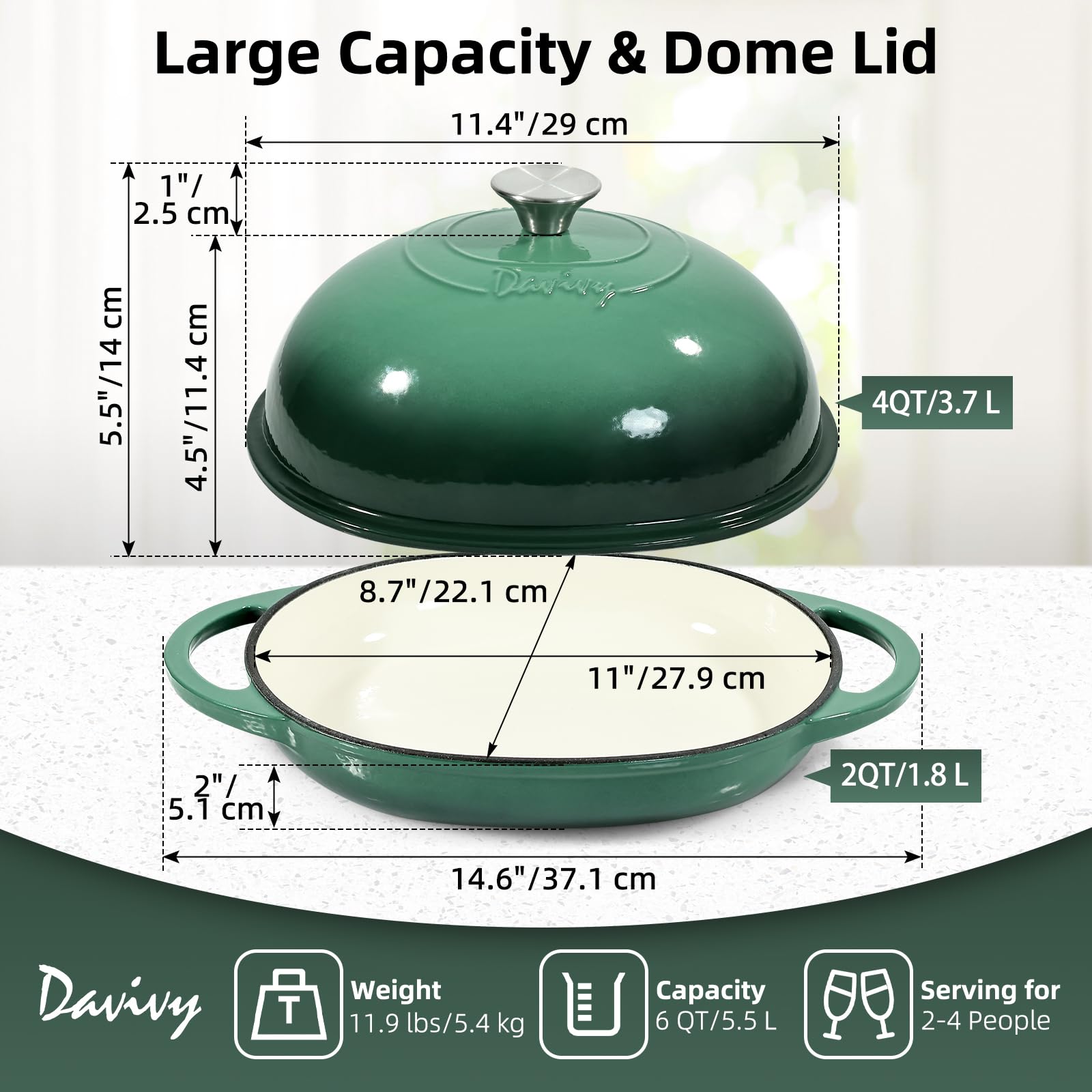 Davivy Horno holandés ovalado de hierro fundido esmaltado de 5.5 L para pan de masa madre, olla holandesa de 6 cuartos con tapa abovedada, olla de pan de hierro fundido (verde bosque, con alfombrilla