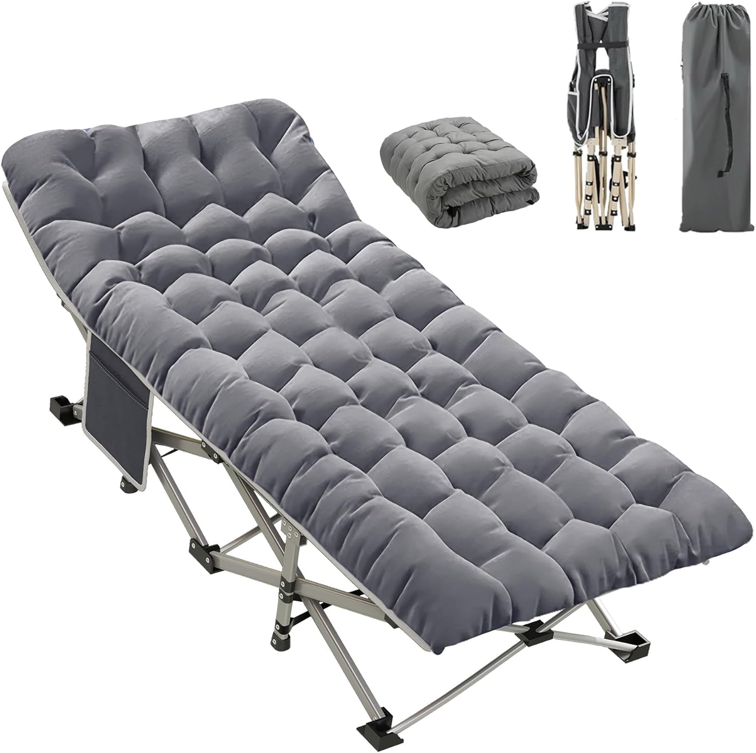 Camping Cot, Camping Cot for Adults, Heavy Duty Folding Bed with Mattress，Portable Cot Bed with Carry Bag, Outdoor & Home Office Nap, Max Load 600 LBS, Grey