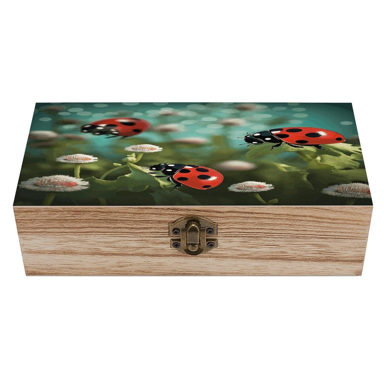 JTREHY Ladybug Landscape Wooden Keepsake Box Vintage-Style Wood Keepsake Case with Hinged Lid Solid Wood Boxes Beautifully Memory Treasure Case Vintage-Style Wooden Storage Box