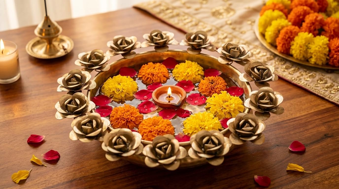 Rose Flower Design Metal Urli Bowl 10 Inch Gold Finish | Decorative Floating Flower Bowl for Diwali Decoration | Housewarming Gift | Centerpiece for Home Temple & Living Room-image-24