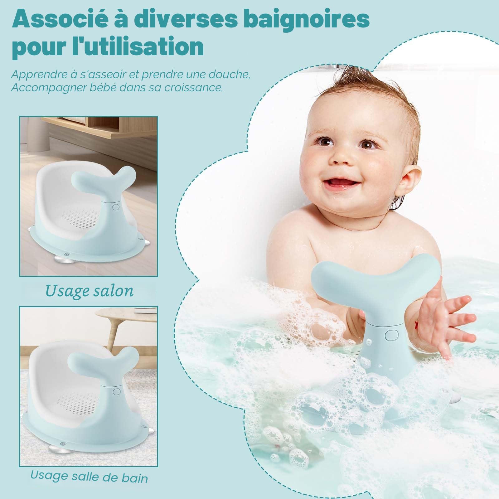 Chaise de Douche pour bébé,forme de baleine mignonne, coussin en silicone en maille respirante et élastique, dossier ergonomique, 4 ventouses antidérapantes puissantes, pour 6 mois et plus (vert)