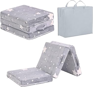 Tiita Foldable Floor Mattress for Kids-Glow in The Dark Toddler Nap Mat with Storage Bag, Portable Toddler Floor Futon for Travel, Daycare, Camping, RV, Playroom, Grey Star