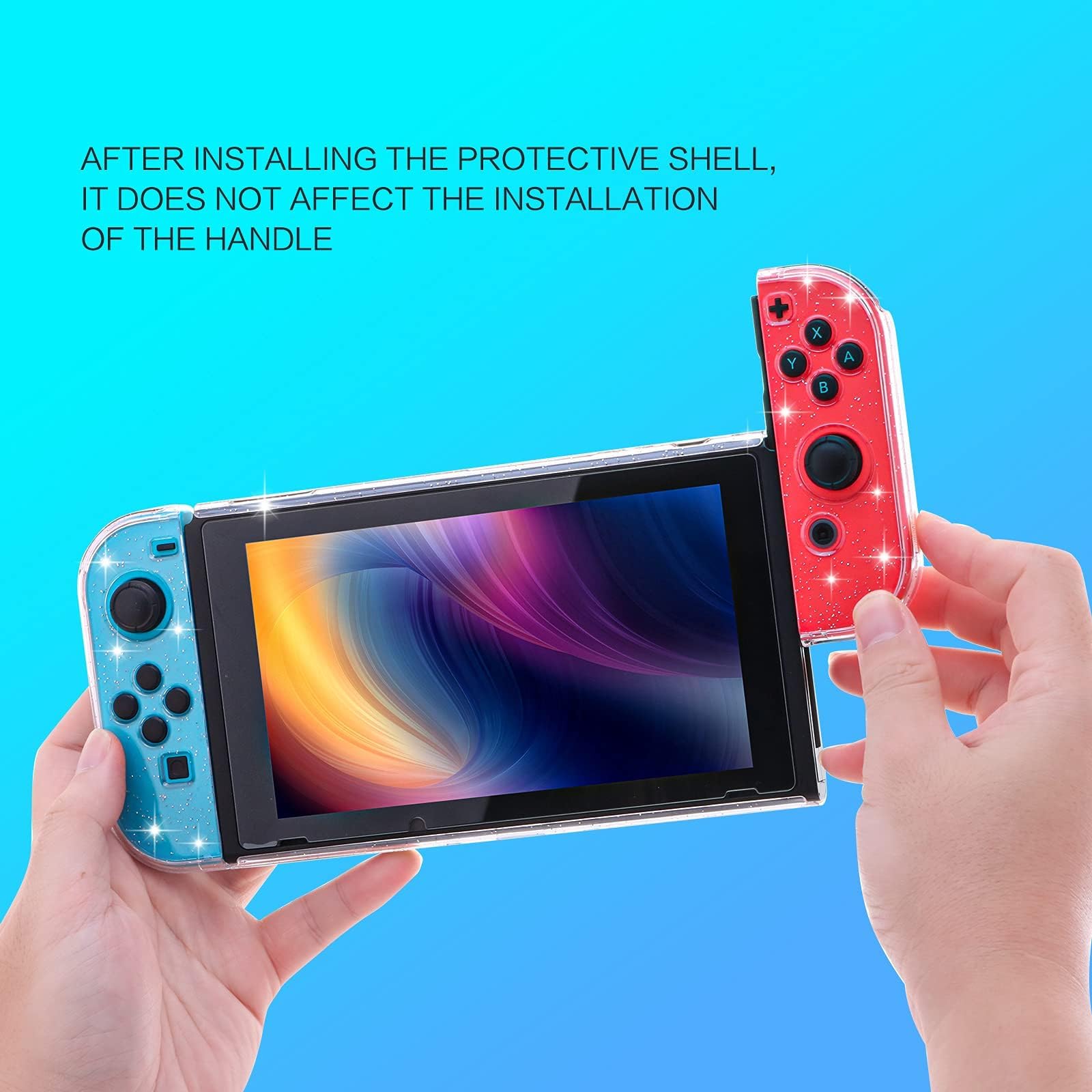 Switch Glitzer Hülle, Switch Schutzhülle mit Panzerglas Schutzfolie und Daumengriffkappen