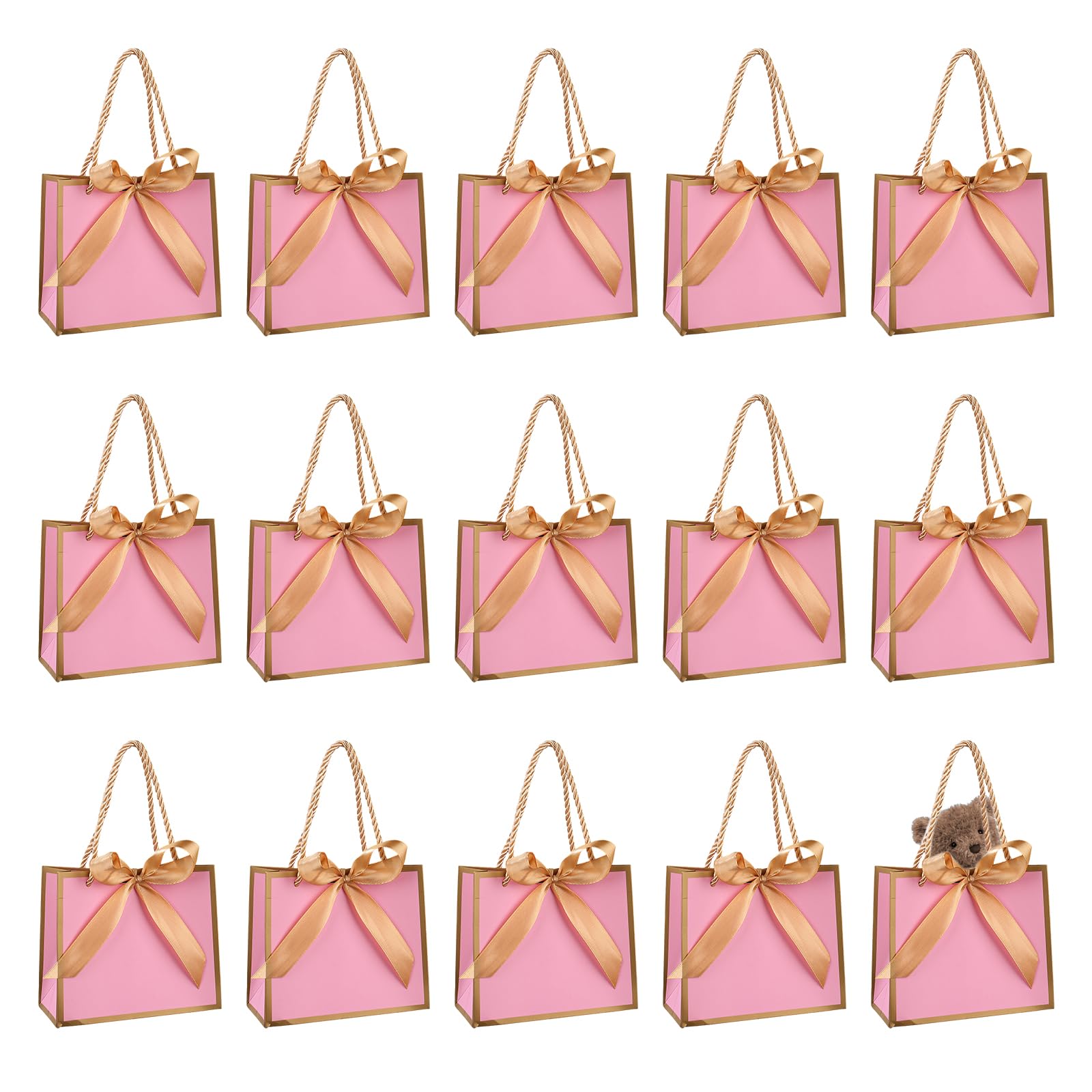 Small Pink Gift Bag, 15 Pcs Paper Gift Bags with Gold Bow Ribbon, Luxury Paper Bags with Handles for Wedding Party Christmas Valentines Bridesmaid - 14x6x12cm — image 1