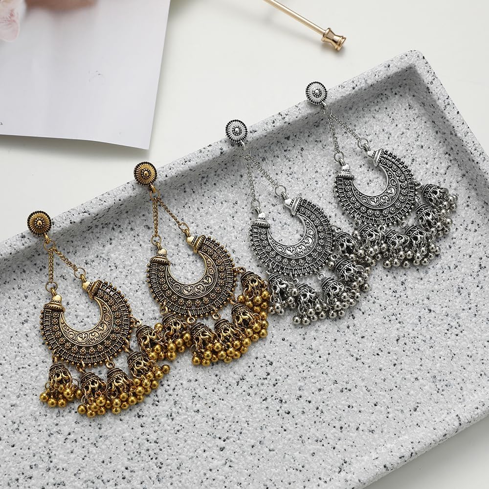 Bollywood Jhumka Jhumki Indian Earrings for Women Vintage Mexico Gypsy Stetament Chandelier Style Ethnic Dangle Earring Tassel Bell Drop Bohemian Fashion Gift Christmas Oxidized Jewelry - Image 4