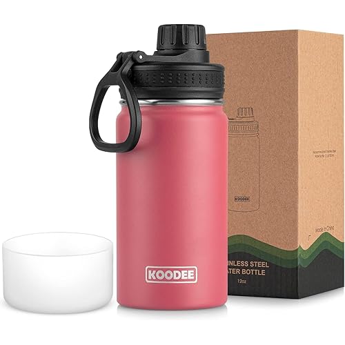koodee 12 oz Water Bottle for School Stainless Steel Double Wall Vacuum Insulated Wide Mouth Flask with Leakproof Spout Lid (Flamingo Pink)