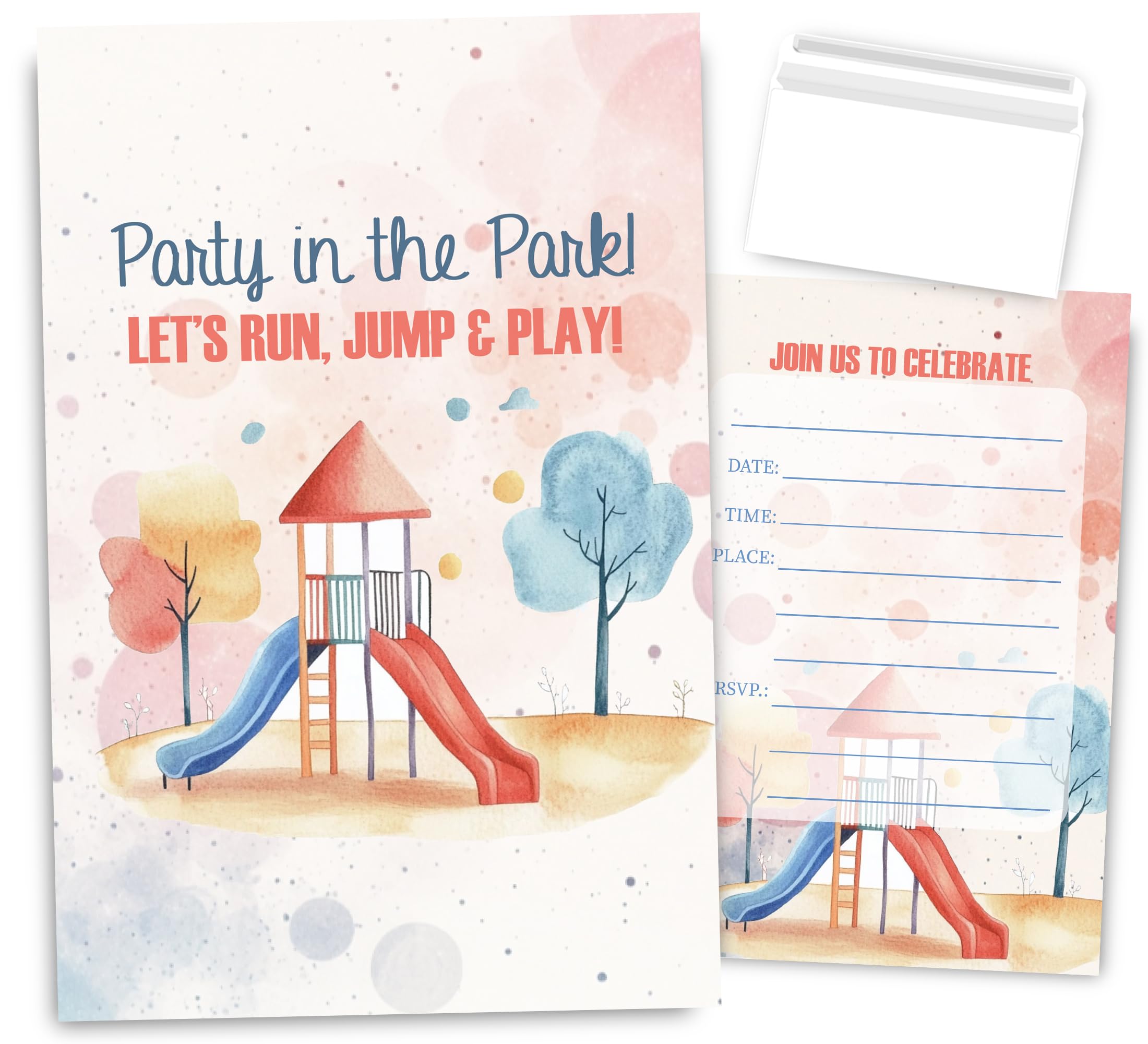 VAVINCI Playground Birthday Invitations for Girls Boys, Party in the Park, Lets Run Jump and Play Invites for Kids, 30 Sets with Envelopes