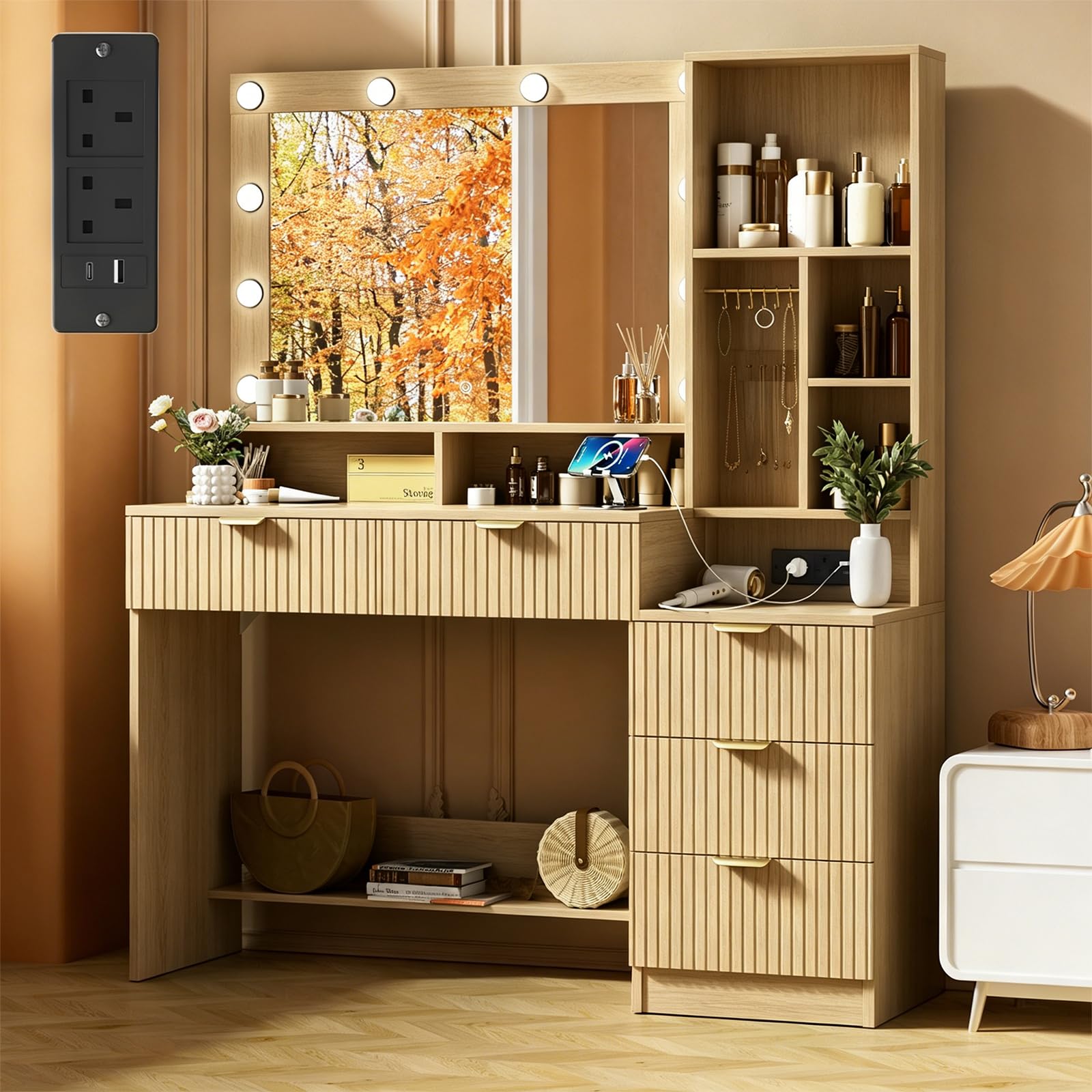 TRIUMPHKEY Dressing Table with Mirror and Lights,Vanity Desk with Drawers,Makeup Vanity with Open Shelves,Jewelry Hooks and Power Outlet for Bedroom,Modern (Wood)