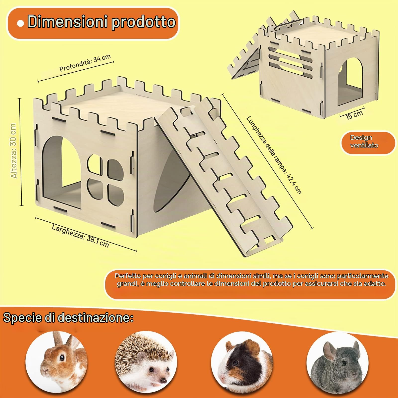 HIIMALEX Habitat extra large e robusto castello per conigli al chiuso con scale, bordi rotondi, habitat staccabili per conigli, ricci, porcellini d'India, cincillà, criceti, gerbilli