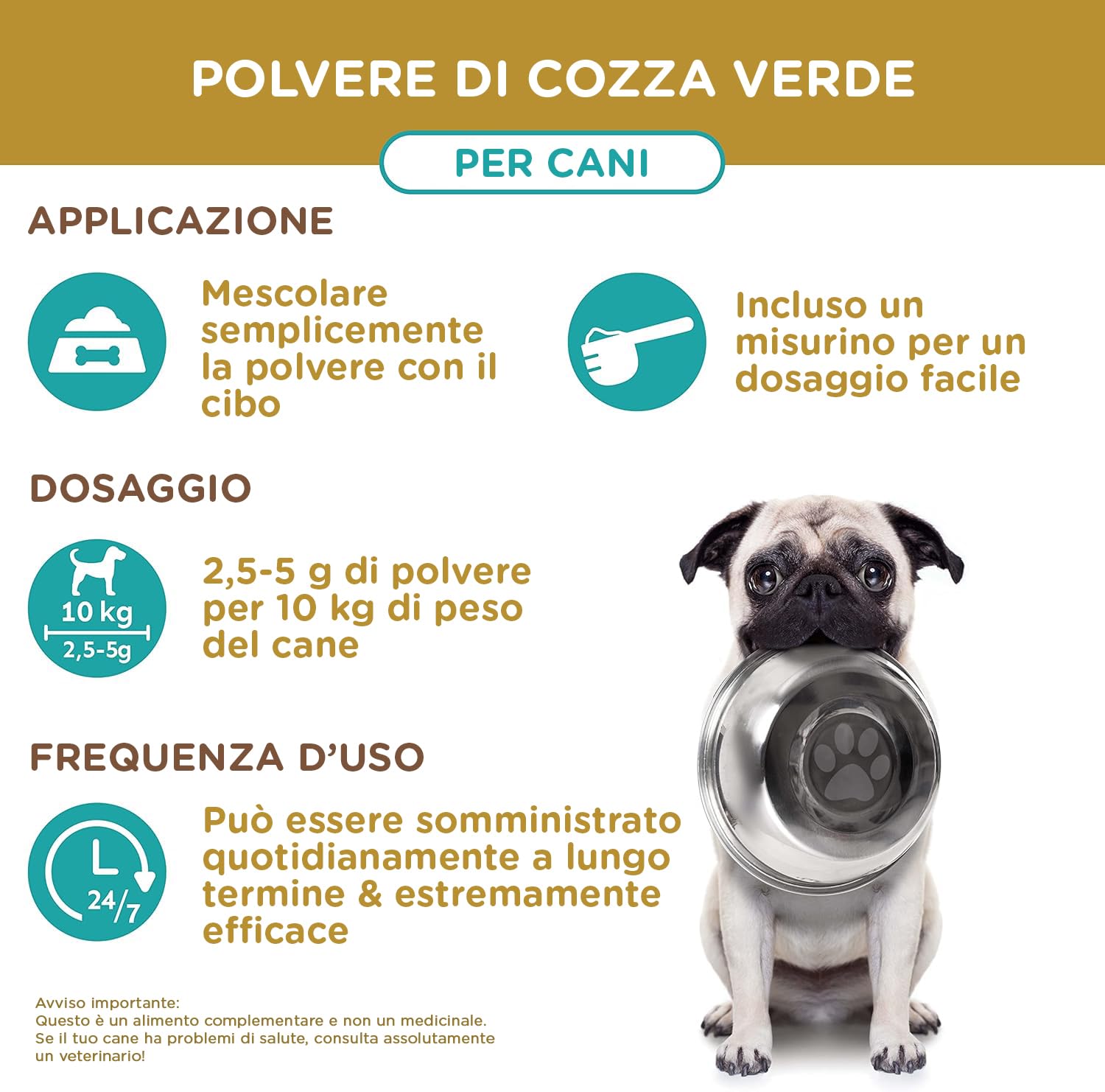 Polvere di cozza verde per cani – Integratore naturale con glucosamina, green lipped mussel 500g, supporto articolare, cozza verde cani, benessere e mobilità