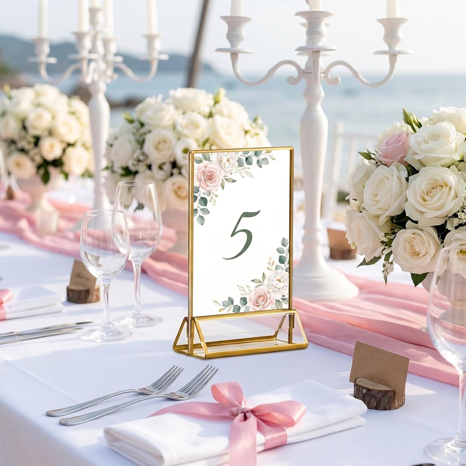 6 pezzi Espositore da tavolo A5 in acrilico con bordi dorati, espositore A5 a T, espositore verticale bifacciale per menu per matrimonio, ristorante e ufficio.