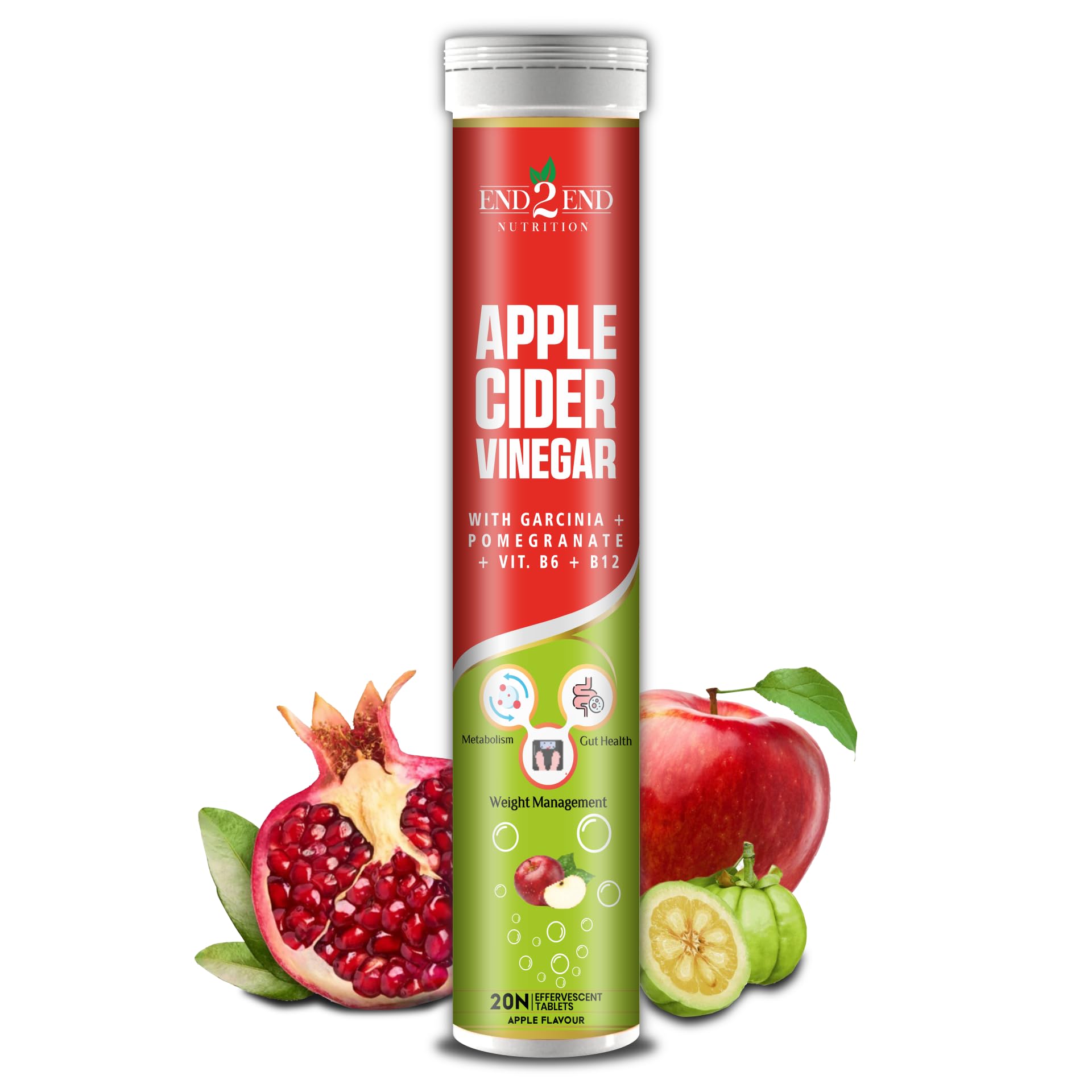End2End Nutrition Apple Cider Vinegar (ACV) Effervescent tablets with the Mother for Men and Women | Gut Health, Weight Management, Skin Health and Immunity Booster - 20 Tablets